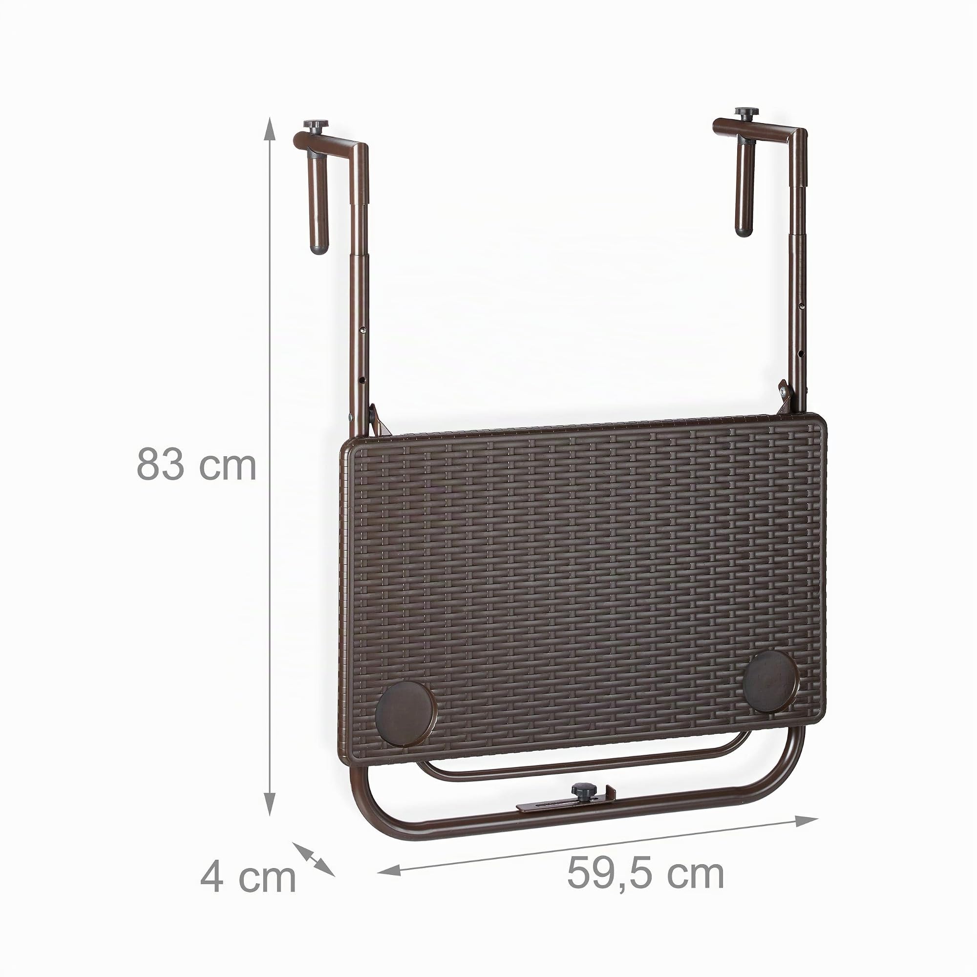 Relaxdays Mesa Plegable Balcón, 3 Alturas, Mesita Colgante Efecto Ratán 59,5x36 cm, Mueble Exterior Barandilla, Marrón