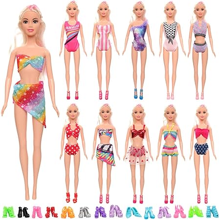 Amazon Barwawa バービー用水着 リカちゃん用水着 バービー人形用服 手作り 着せ替え ランダムセット 4枚モノキニ 6枚ビギニ 10靴 プレゼント 子供の日 リカちゃん人形も適用 ドレス アクセサリー おもちゃ