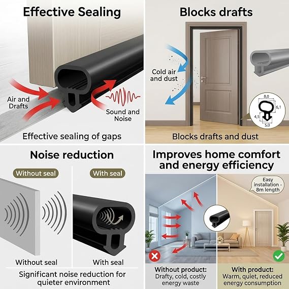 6M Upvc Door Seals Replacement Draught Excluder for Windows and Doors, UPVC Window Seal Strip Door Draft Excluder Strip for Insulation Black Rubber Replacement Gasket for Frames