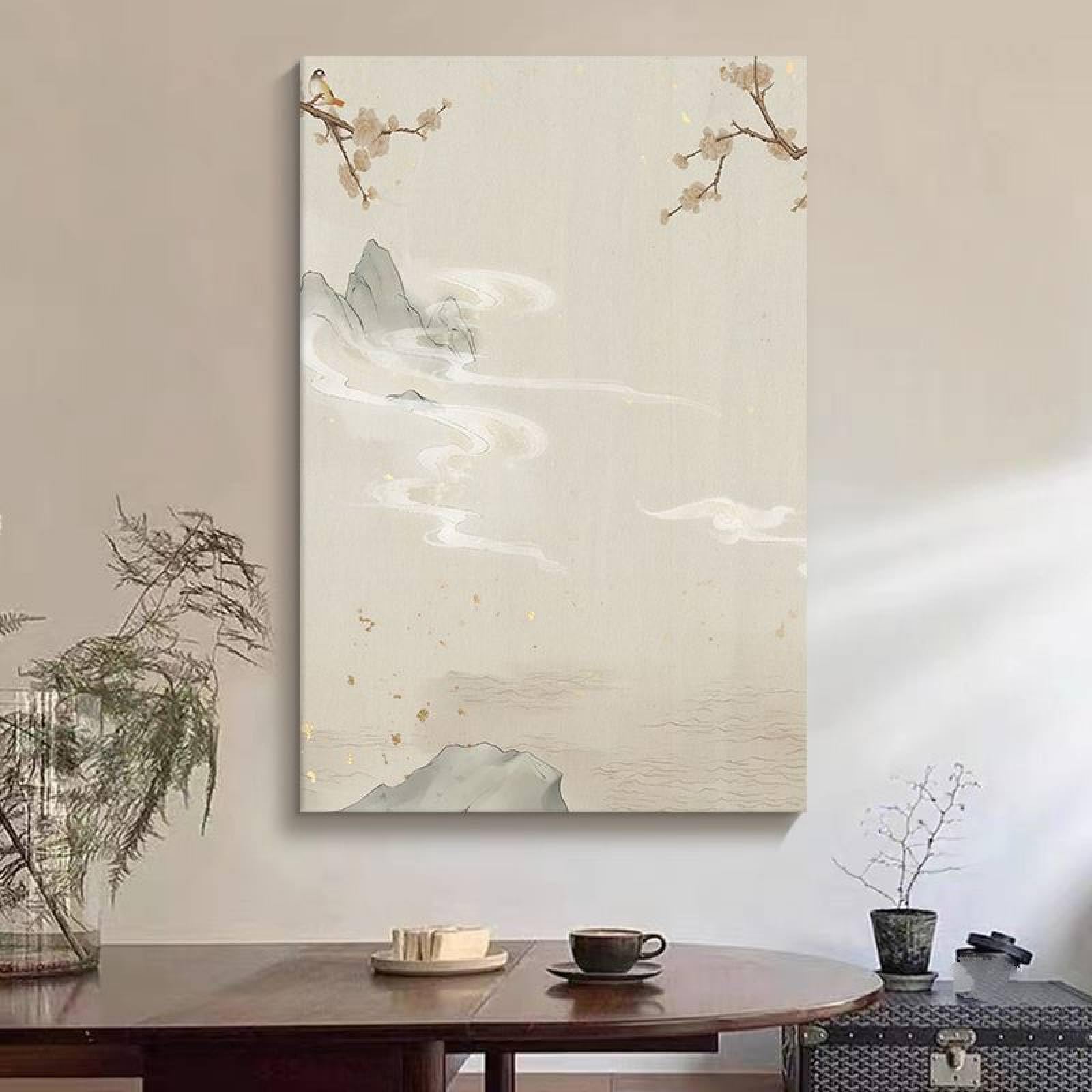 Toile peinte à la main paysage encre 90x140 cm pour fond de canapé vide