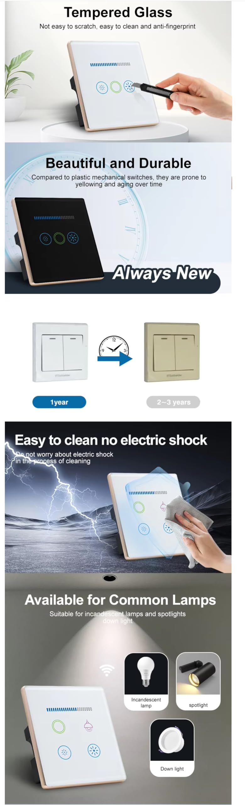 Estándar del Reino Unido 600 W luz LED atenuador interruptor impermeable cristal templado panel 1way luz táctil interruptor regulador