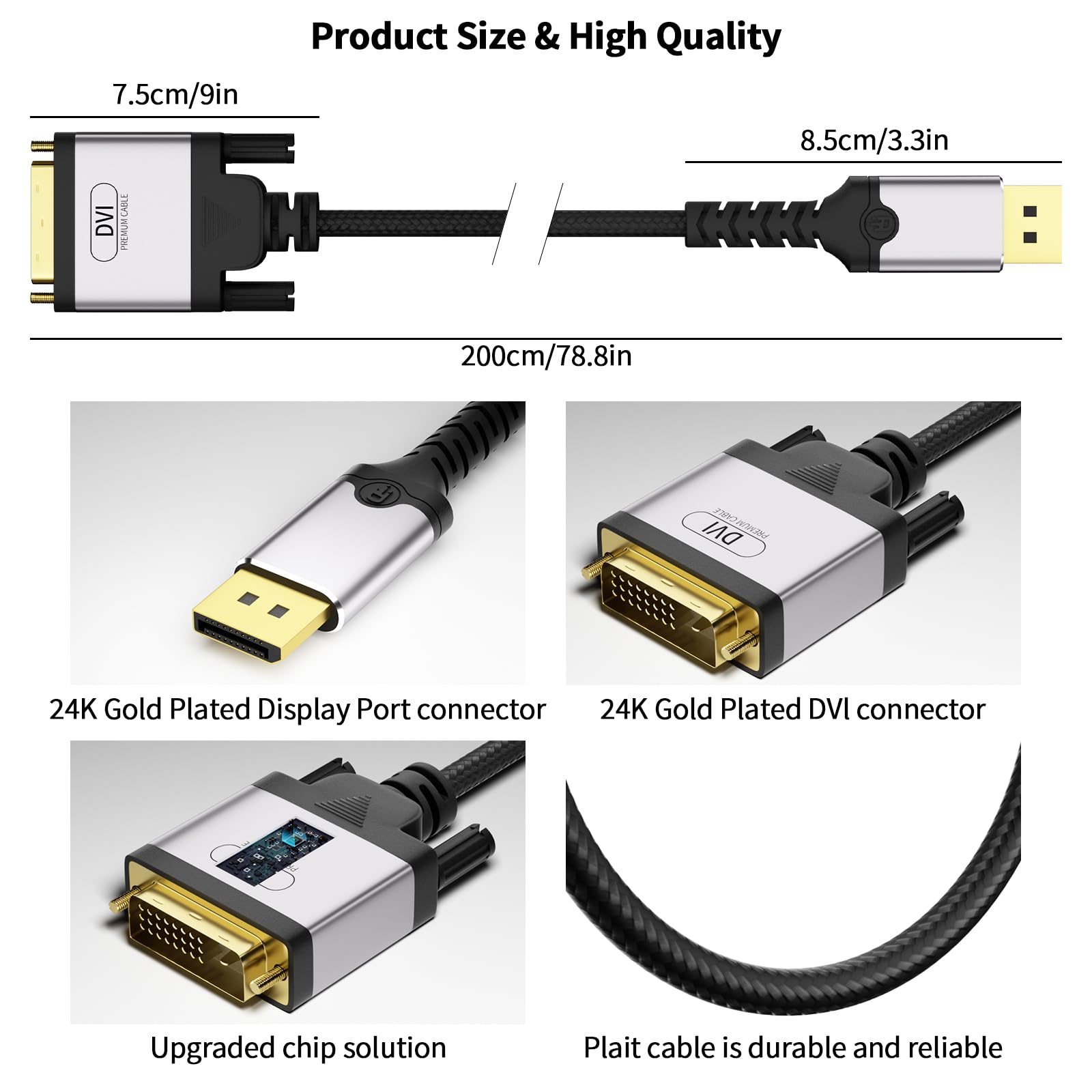 Cavo DisplayPort a DVI 2M, Cavo Convertitore da DisplayPort a DVI, Unidirezionale DisplayPort Computer a D-VI-D Monitor, 1080P@60HZ, Adattatore per HP Dell, Nvidia, AMD, PC portatile - Intrecciato