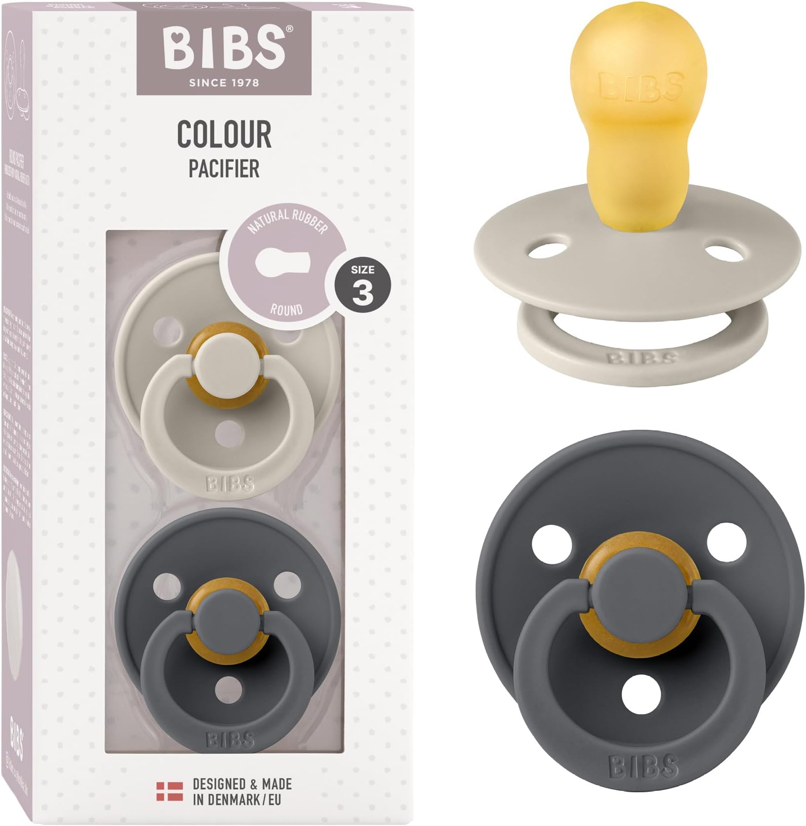 BIBS Colour Soother 2-Pack, BPA Free Dummy Pacifier, Made in Denmark, Size 3 (18+ Months), Sand/Iron
