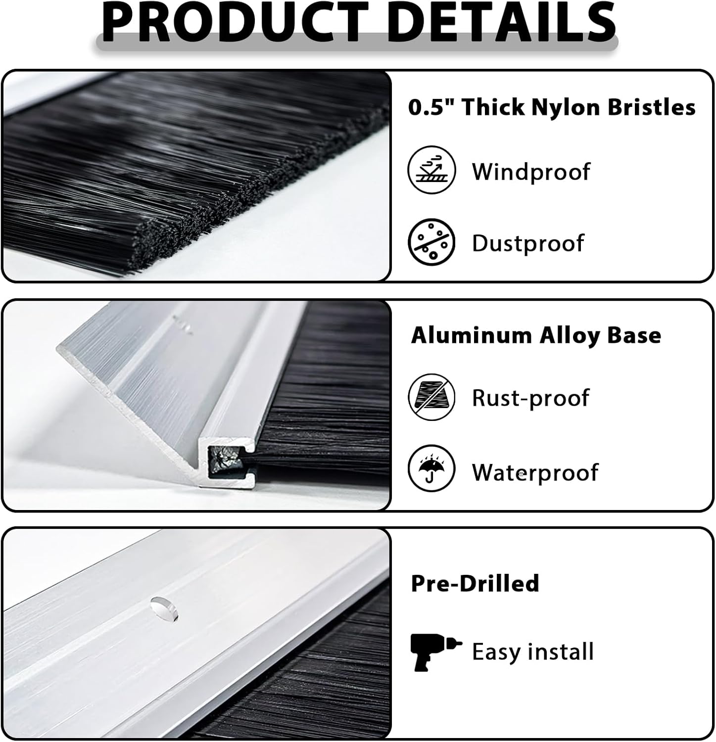 10x8 FT Garage Door Brush Seal Kit, 3" Commercial Roll Up Door Seal with Aluminum Track, Heavy Duty Nylon Brush Weather Stripping for Warehouse, Barn, Shop, Pest & Dust Proof, Black