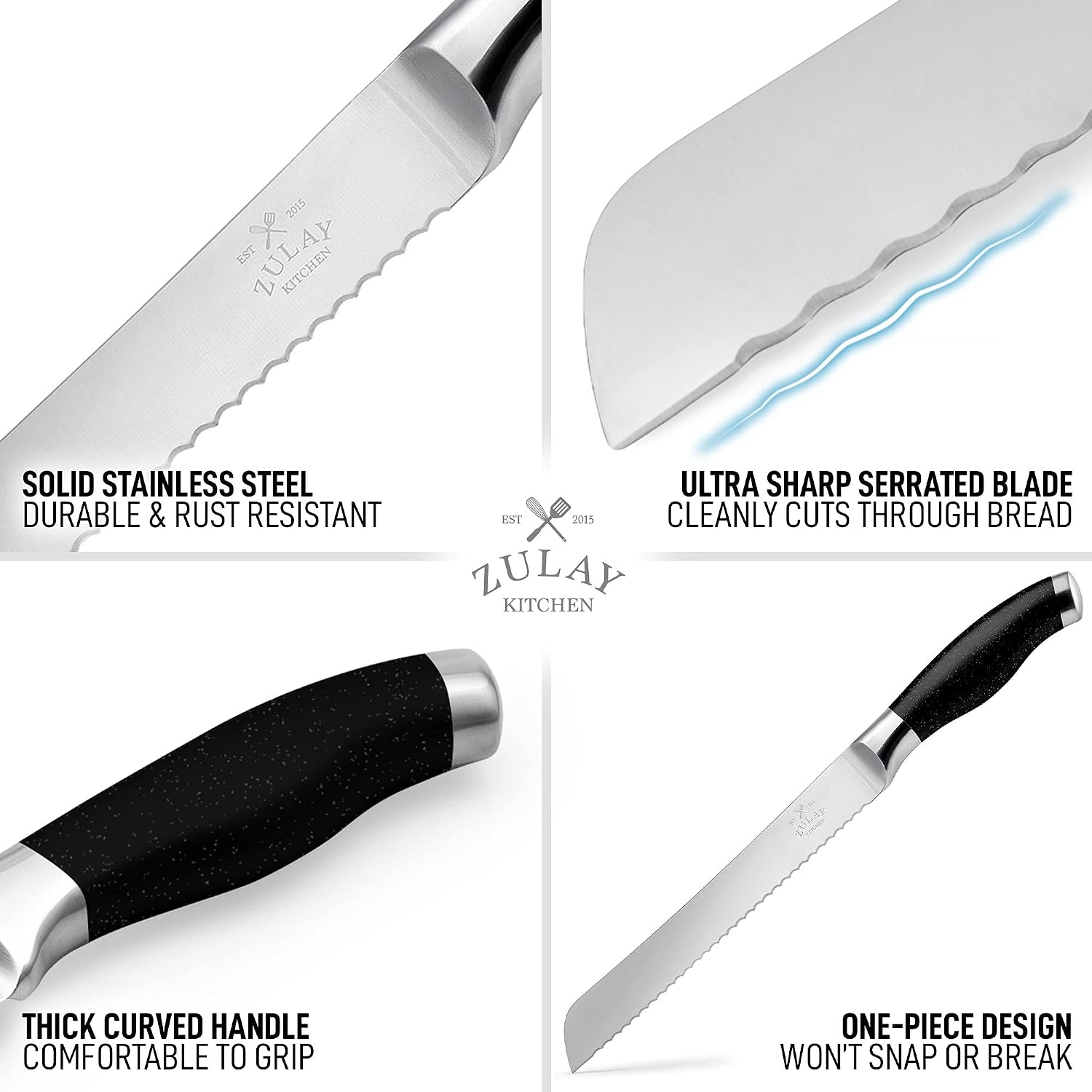 Zulay Serrated Bread Knife 8 inch - Ultra-Sharp & Durable Blade For Easy Slicing - Lightweight 304 Stainless Steel One Piece Design with Tip Safety Guard - Cut & Slice Bread, Vegetables & More (Black)