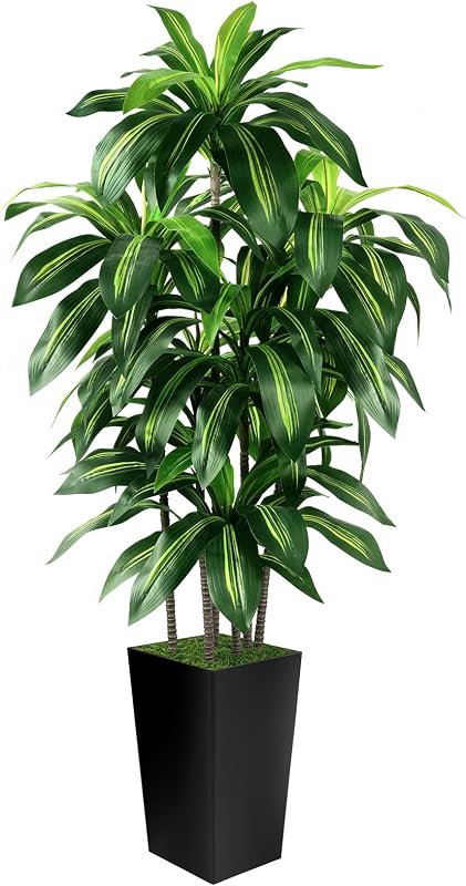 Artificial Dracaena Tree Indoor, 5FT Tall Fake Tree with Black Tall Planter | Artificial Tree Fake Yucca Potted Tree for Home Office Living Room Decor，Tall Artificial Plant for Housewarming