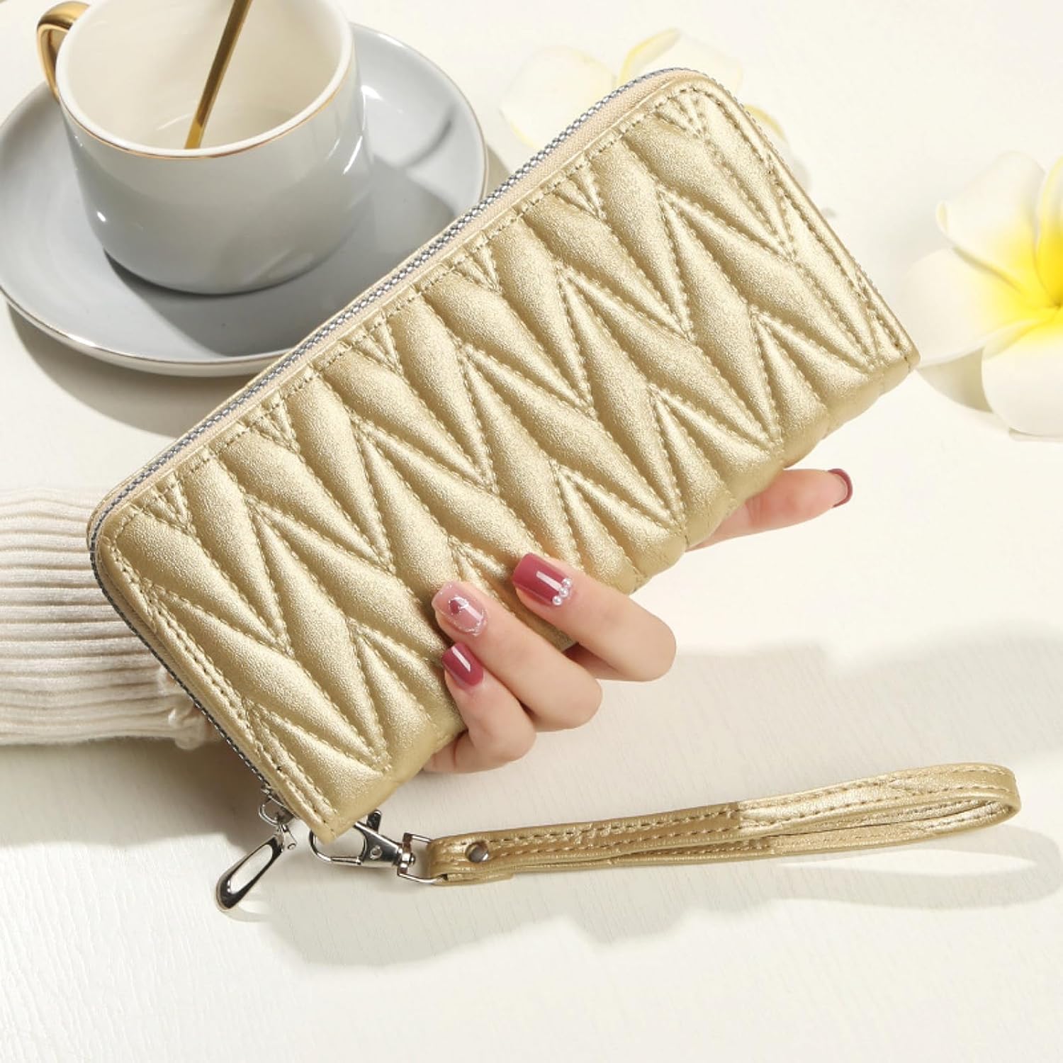 Women's Zip Wristlet Wallet - Large Capacity RFID Blocking Clutch Purse Quilted Soft Vegan Leather Travel Organizer - Image 3