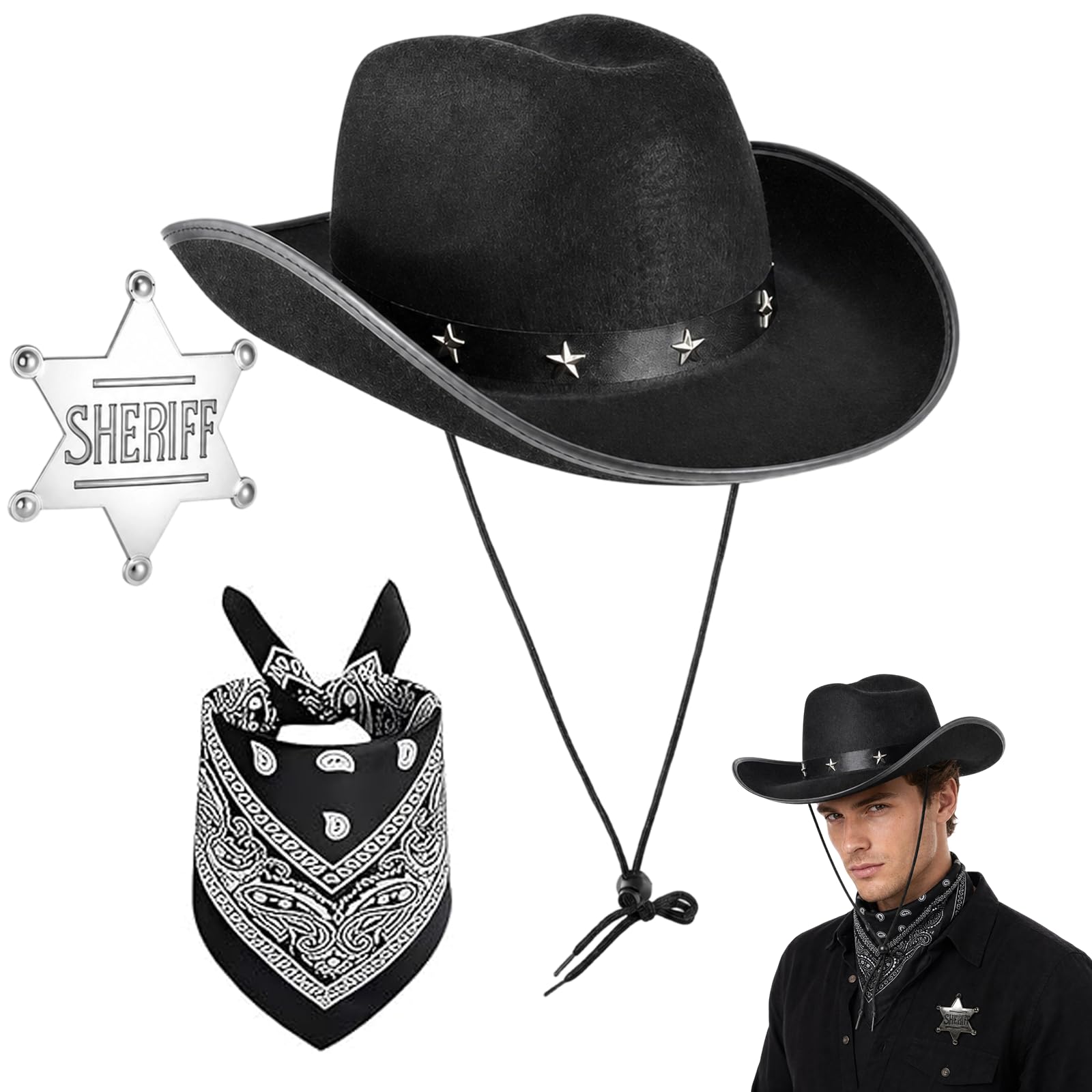 CYCFMYYLY 3-Piece Cowboy Hat Set, Black Cowboy Hats with Star Pattern, Sheriff Badge and Cowboy Bandana, Western Costume Accessories for Wild West Party Dress Up, Men and Women