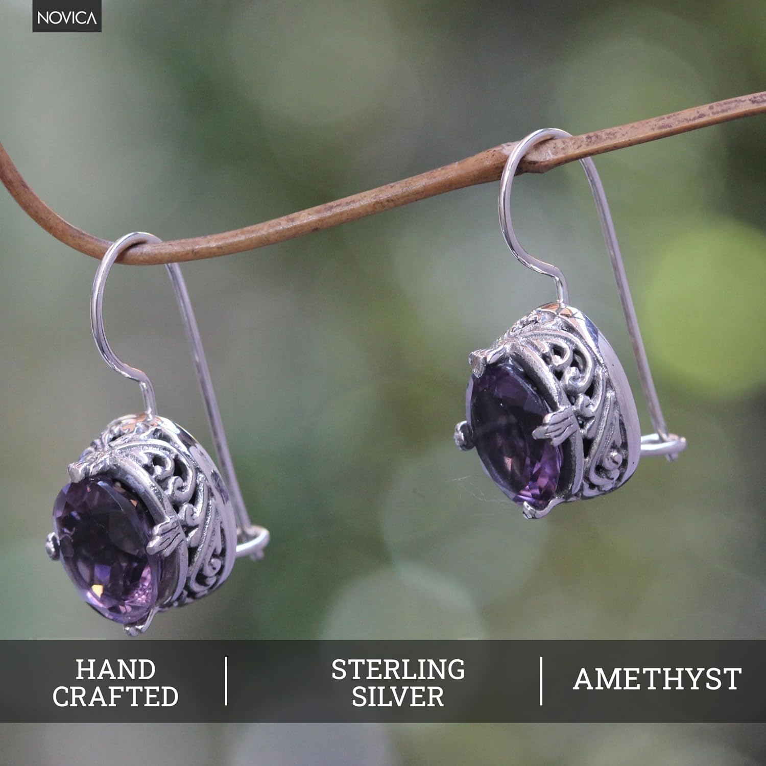 NOVICA Artisan Handmade Amethyst Drop Earrings | .925 Sterling Silver | Purple Indonesia Birthstone | 'Angelic Aura'