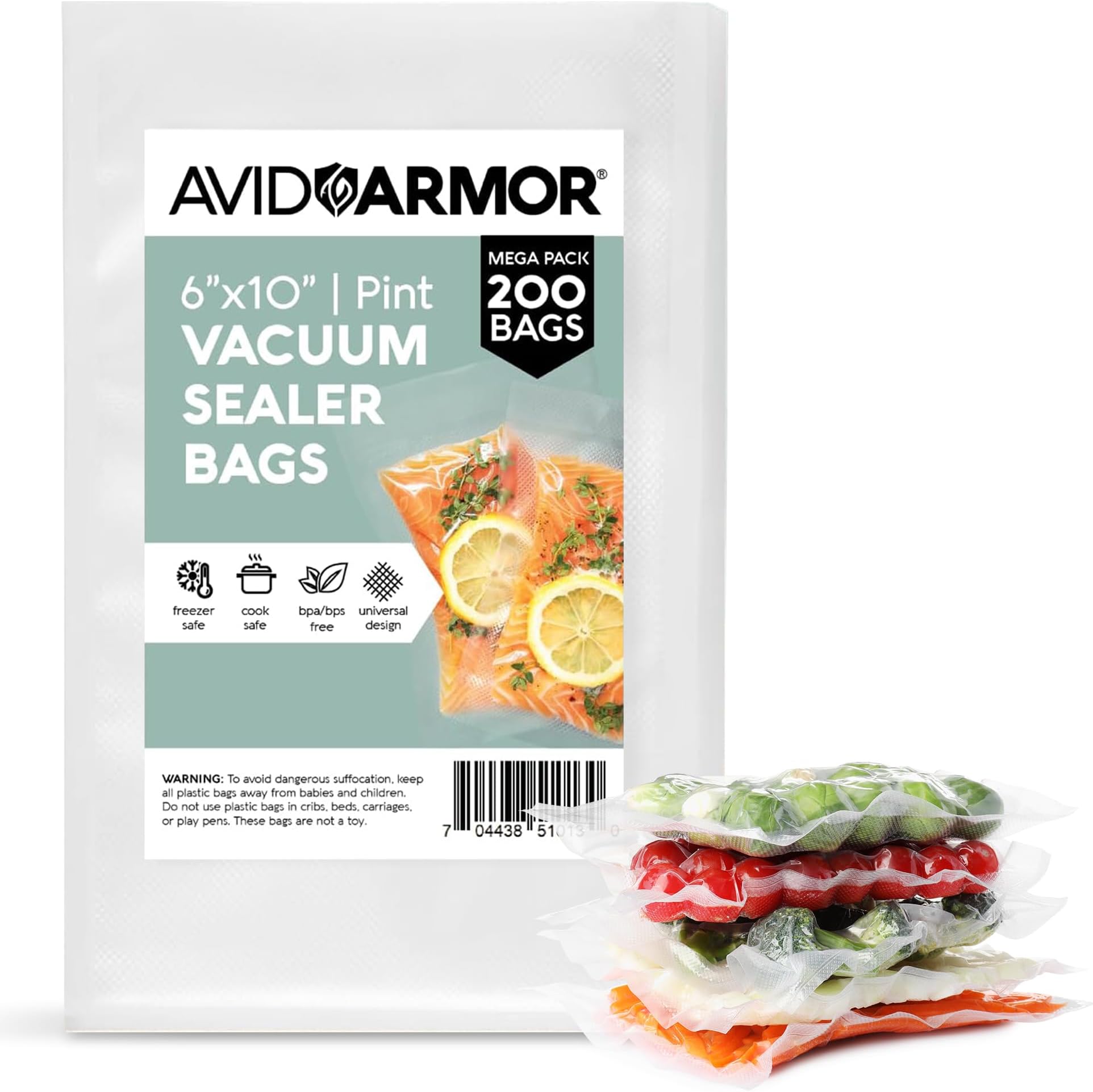 Avid Armor Pre-Cut Pint Size Vacuum Sealer Bags 6x10 Inch - BPA Free, Heavy Duty, Commercial Grade, Compatible with FoodSaver & Seal-a-Meal, Perfect for Sous Vide & Food Storage