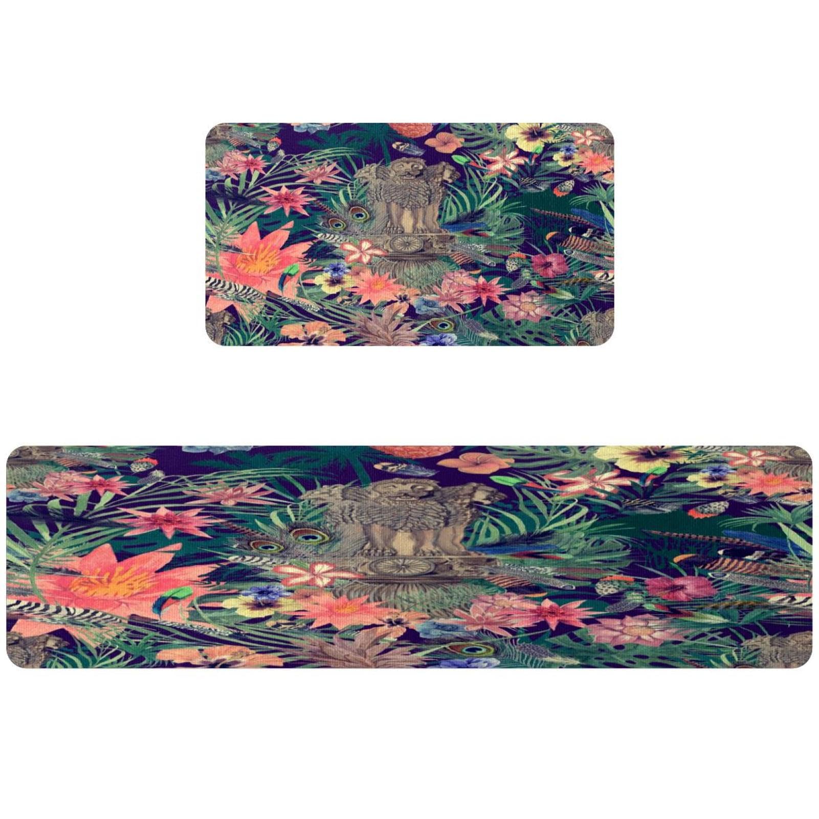 Alfombra absorbente lavable con emblema de león y flores vintage