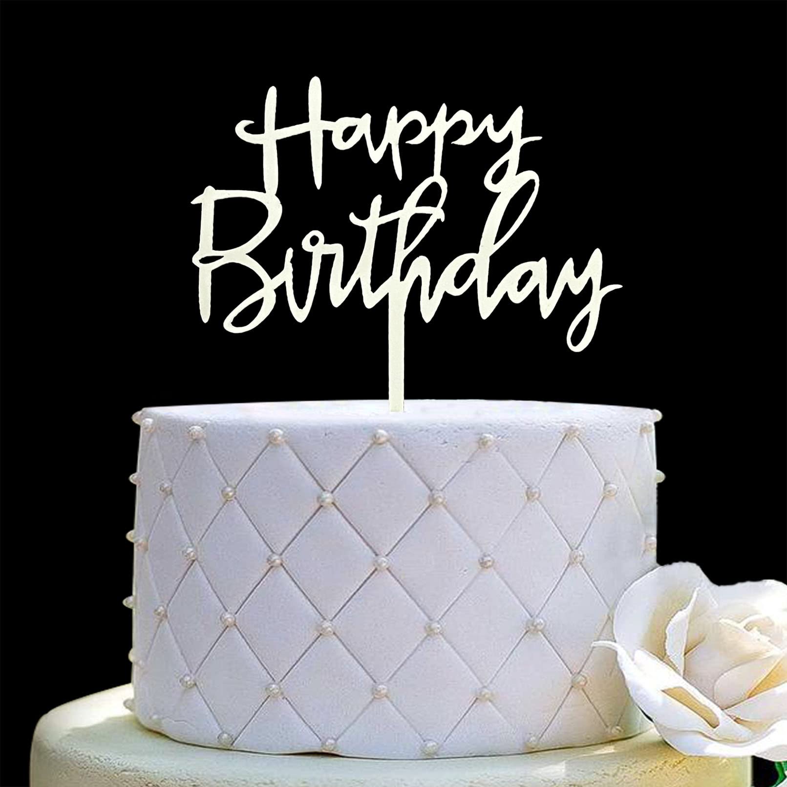 JIEEIN Happy Birthday Cake Topper - Birthday Party Event Decorations, Off-white Plastic