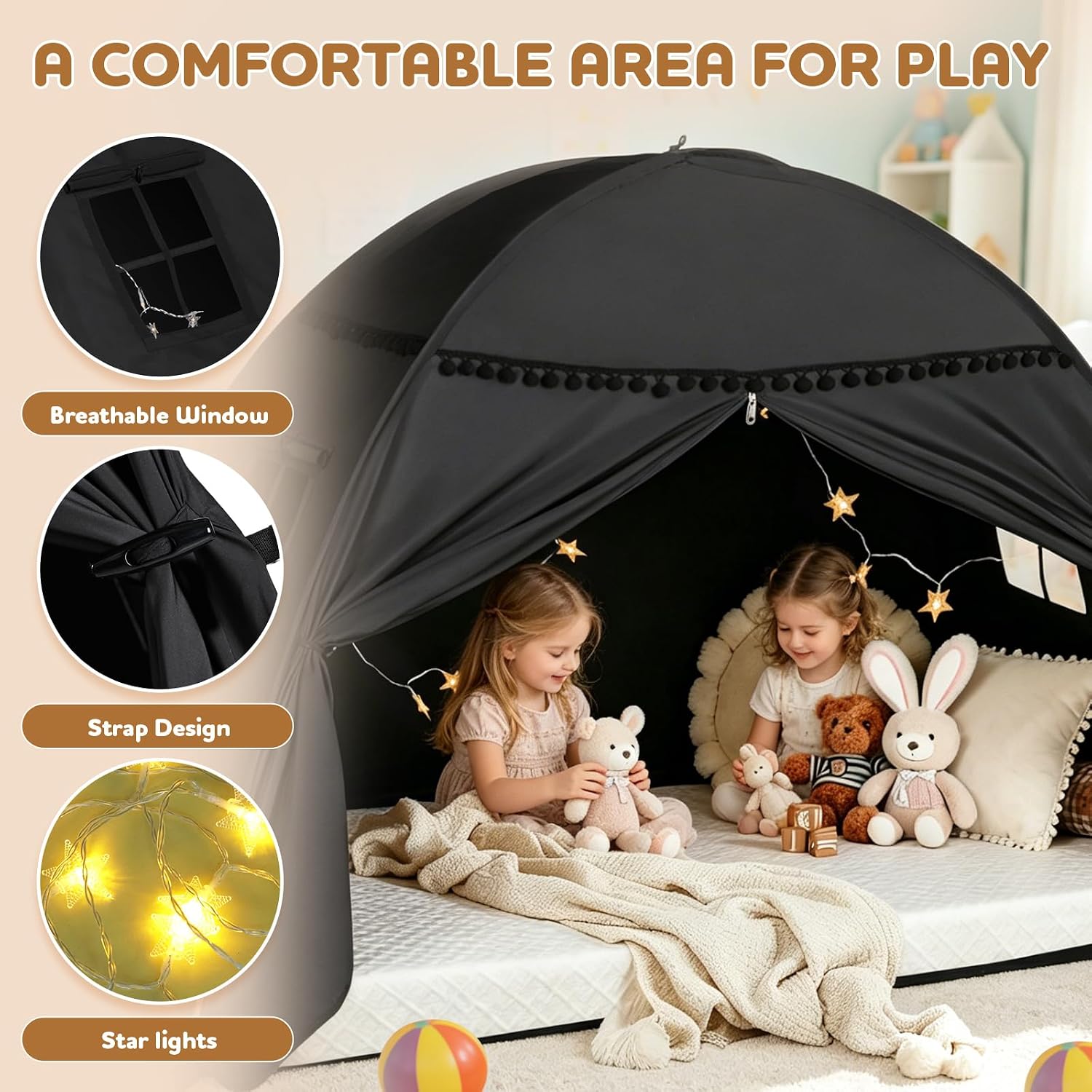 Twin Bunk Bed Tent Canopy for Kids Playhouse, Indoor Portable Foldable Privacy Shelter with Breathable Starry Canopy for Girls & Boys Bedrooms (Twin Black)
