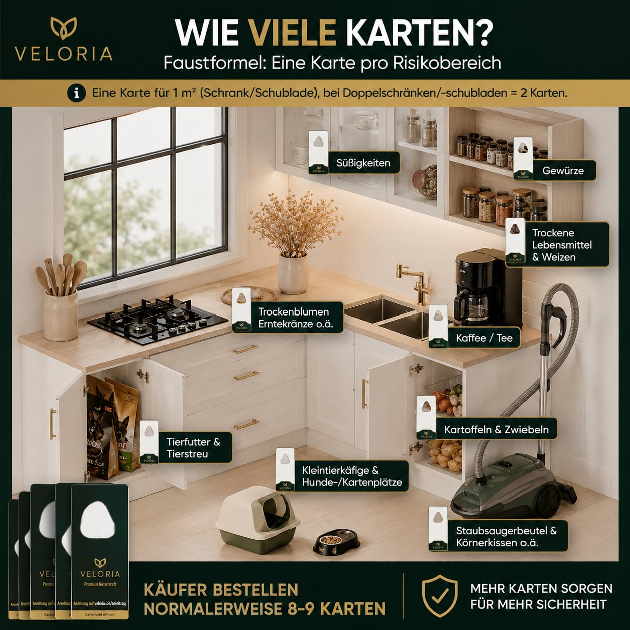 VELORIA Schlupfwespen gegen Lebensmittelmotten - 12 Karten (3 Karten à 4 Lieferungen) - Effekt. Lebensmittel Motten bekämpfen - Alternative zur Mottenfalle, Mottenspray, Pheromonfalle