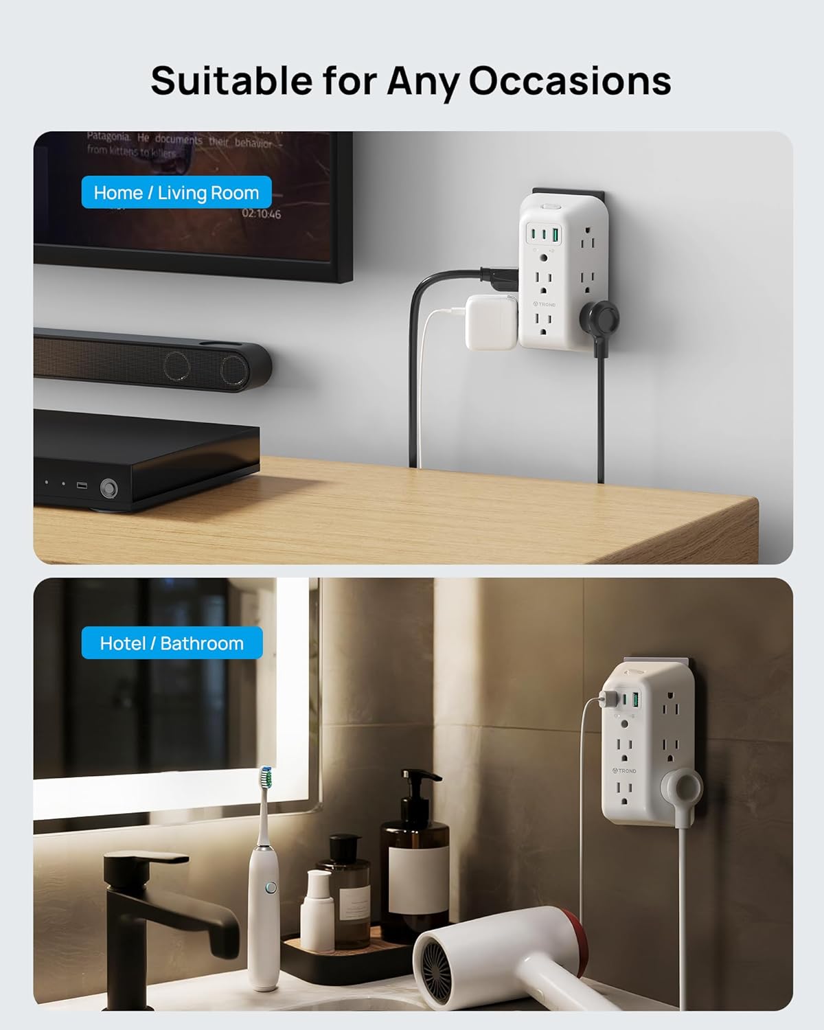 TROND Multi Plug Outlet Surge Protector, 8 AC Plug Extender with 2 PD20W USB C Charger, 3 Sided Wide Space Outlet Splitter with On Off Switch, USB Wall Charger for Kitchen Office Room Dorm Essentials