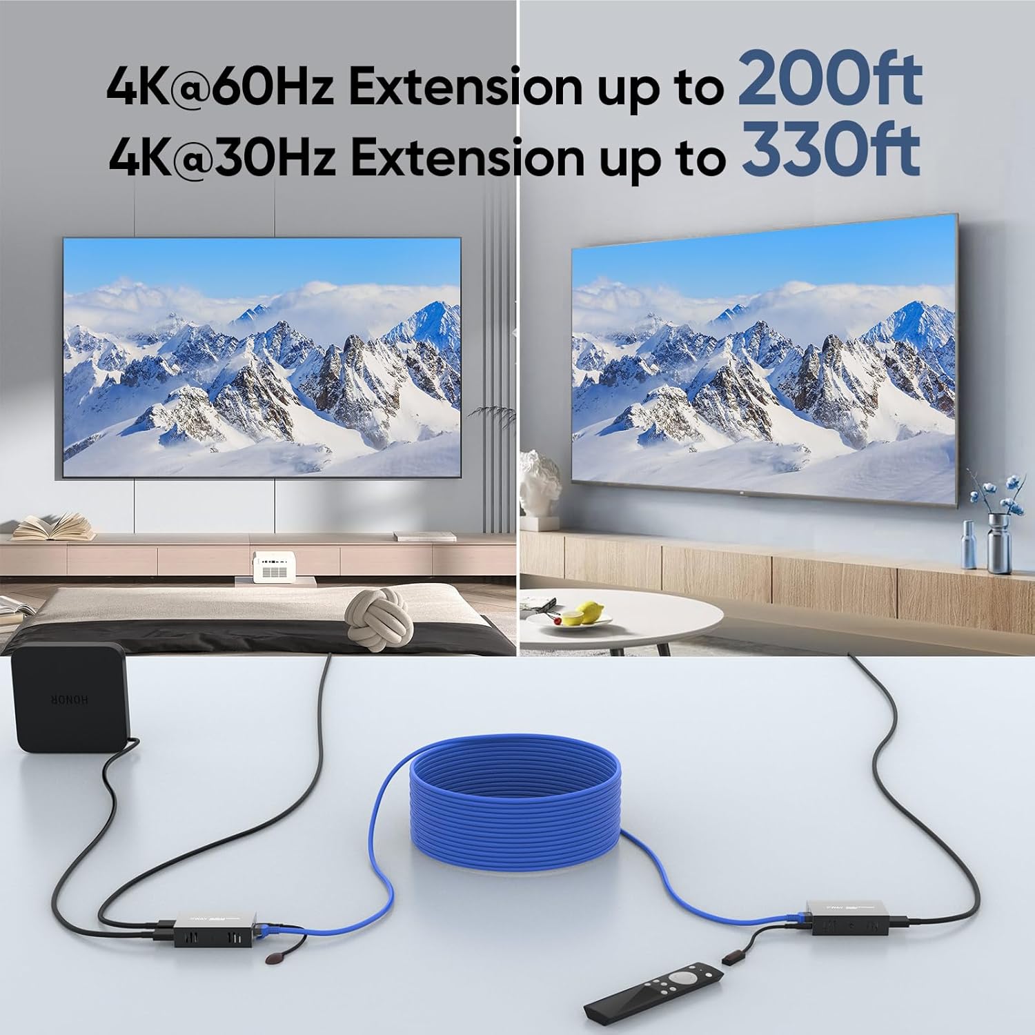 4K@60Hz HDMI Extender Over Ethernet (Cat7/Cat6/Cat5e) up to 200ft/330ft - Ultra HD Signal, Seamless Transmission, EDID and POE Support (Transmitter & Receiver)