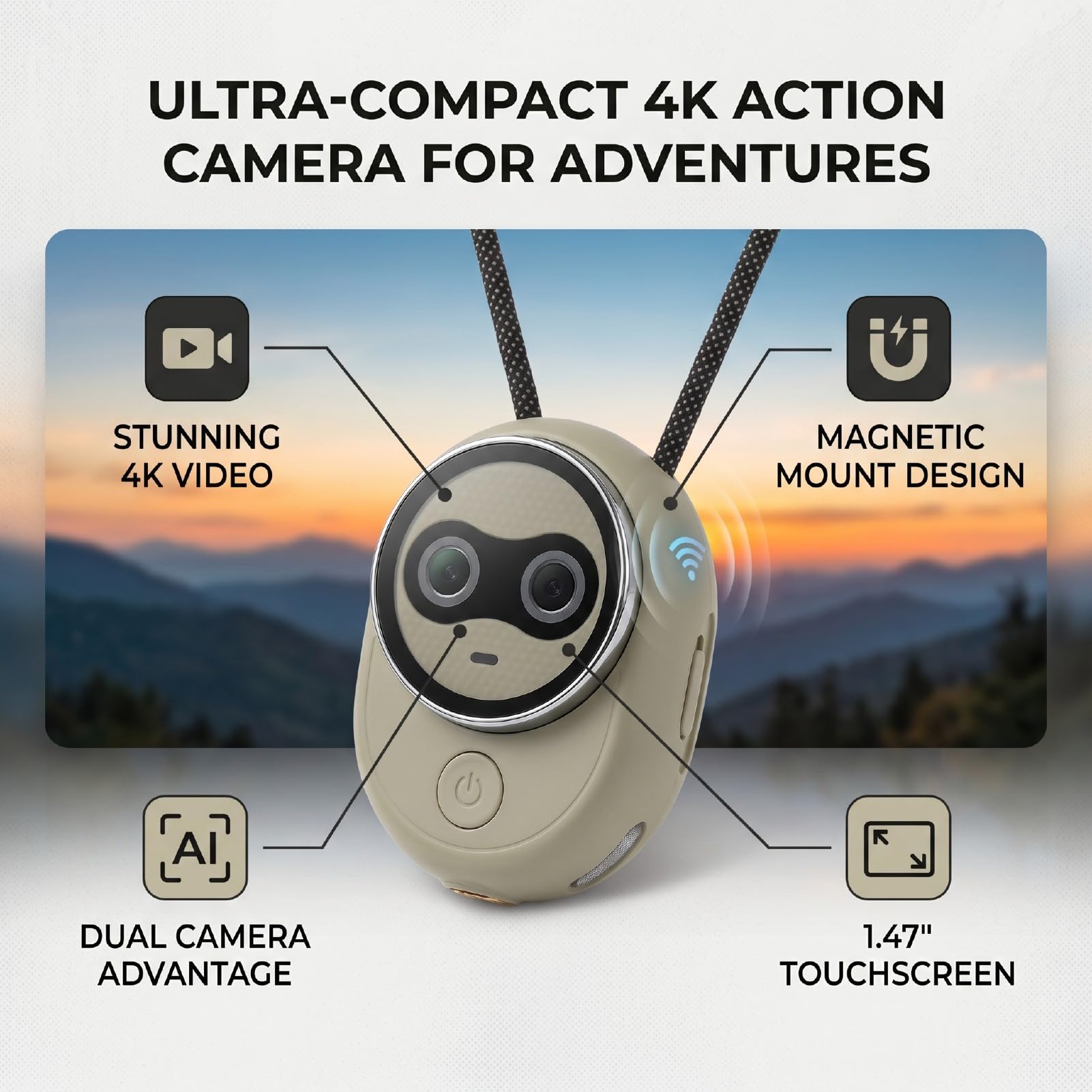 Action Camera 4K 30FPS, WiFi Touch Screen da 1,47 Pollici Fotocamera Sportiva Magnetica da 20 MP con Doppia Fotocamera Posteriore, Messa a Fuoco AI per Viaggi Sport all'Aria Aperta (Grey)