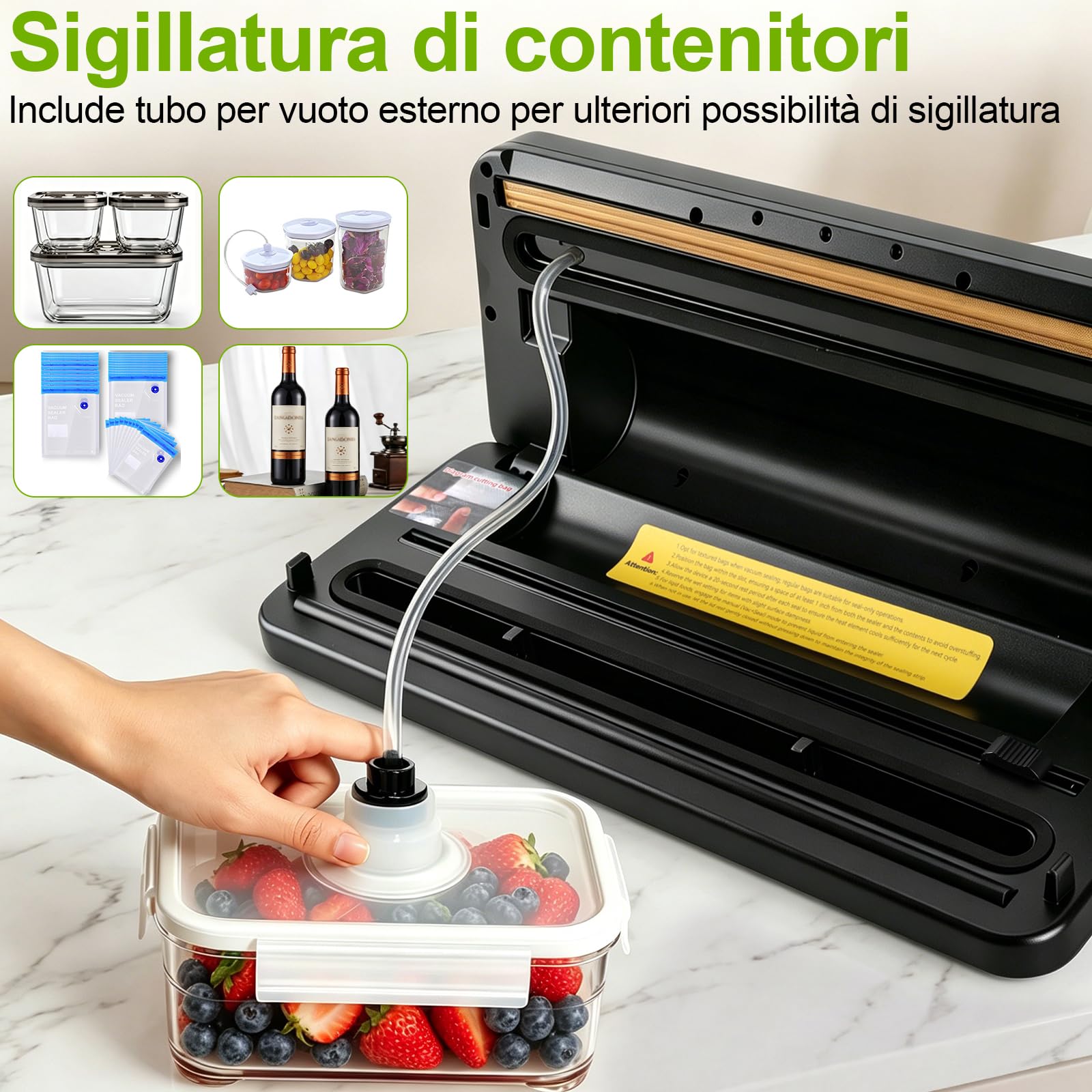 Macchina Sottovuoto Alimenti, Automatica Macchina per sottovuoto a secco/umido, Vacuum Sealer Professionale con taglierina integrata, 20 sacchetti & 1 sacchetto arrotolato e tubo per sottovuoto
