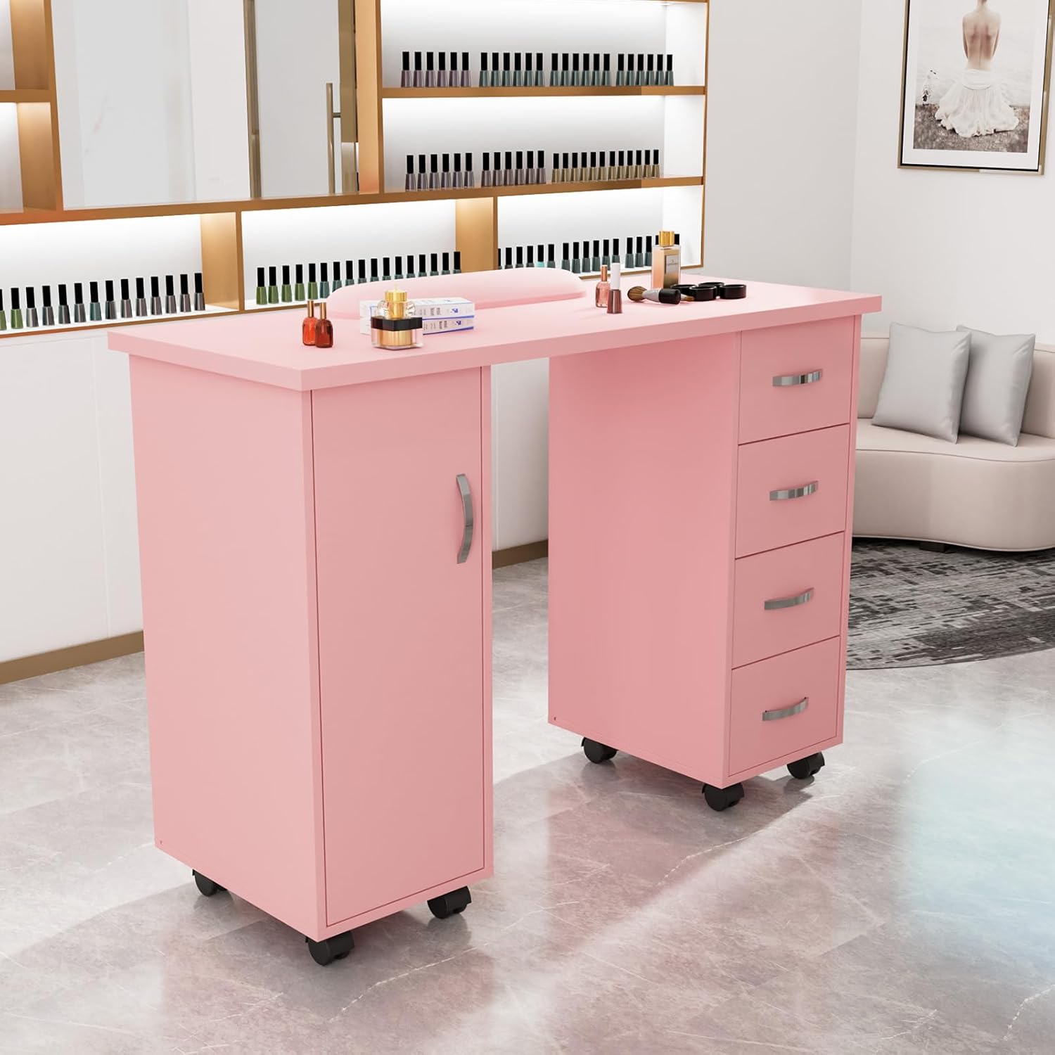 Nail Desk for Nail Tech with Storage Cabinet, Locking Wheels & Arm Rest, Mobile Manicure Table for Technician, Nail Station for Home Studio/Spa/Salon, 43.3" L x 31.5" H x 17.7" W (Pink)