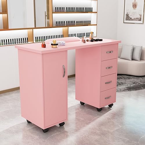 Miniatura 6 de Mesa de manicura para uñas con gabinete, cajones, ruedas y reposabrazos, salón de belleza, hogar, estación de trabajo de técnico de madera, equipo