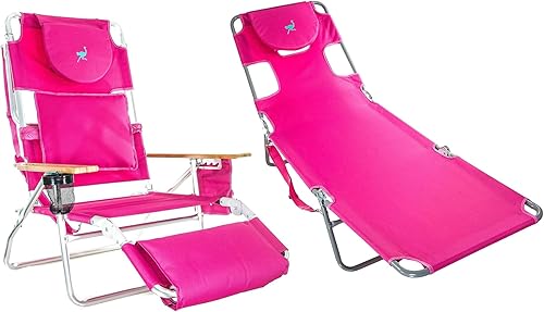 Ostrich Silla deportiva acolchada 3 en 1 portátil de lujo con 5 posiciones y reposapiés y tumbona plegable con marco de acero con 4 posiciones, rosa