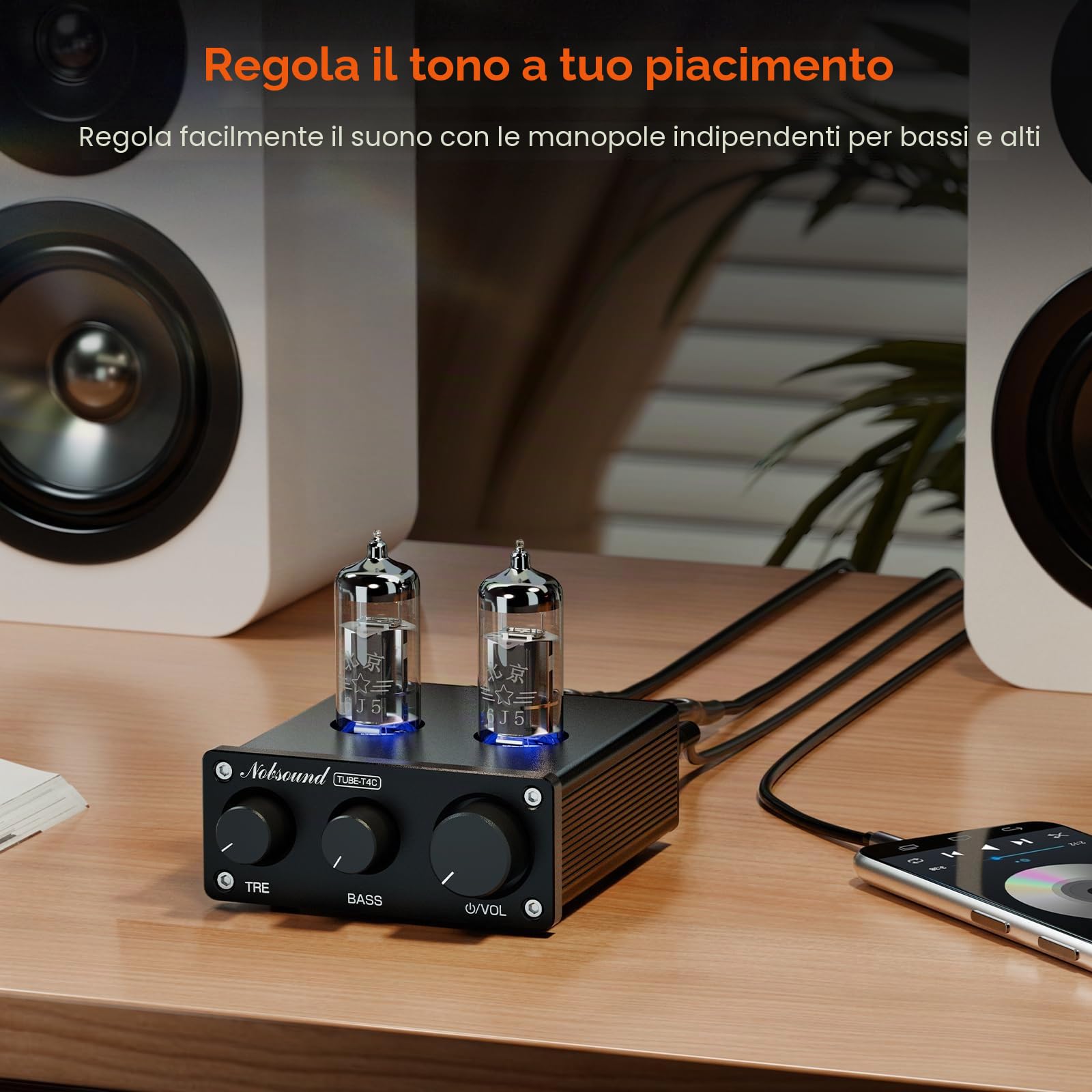 Nobsound Mini Preamplificatore HiFi Tube: Preamplificatore audio stereo di classe A con controllo bassi e alti per amplificatore stereo domestico, altoparlante attivo, sistemi audio desktop (TUBE-T4C)