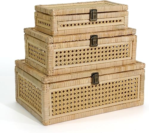 Boho Rattan Display Boxes with Rattan Lids, 3 Pcs Large Natural Handwoven Cane Basket, Home Decor Organizers Storage Bins, Natural Finish Display