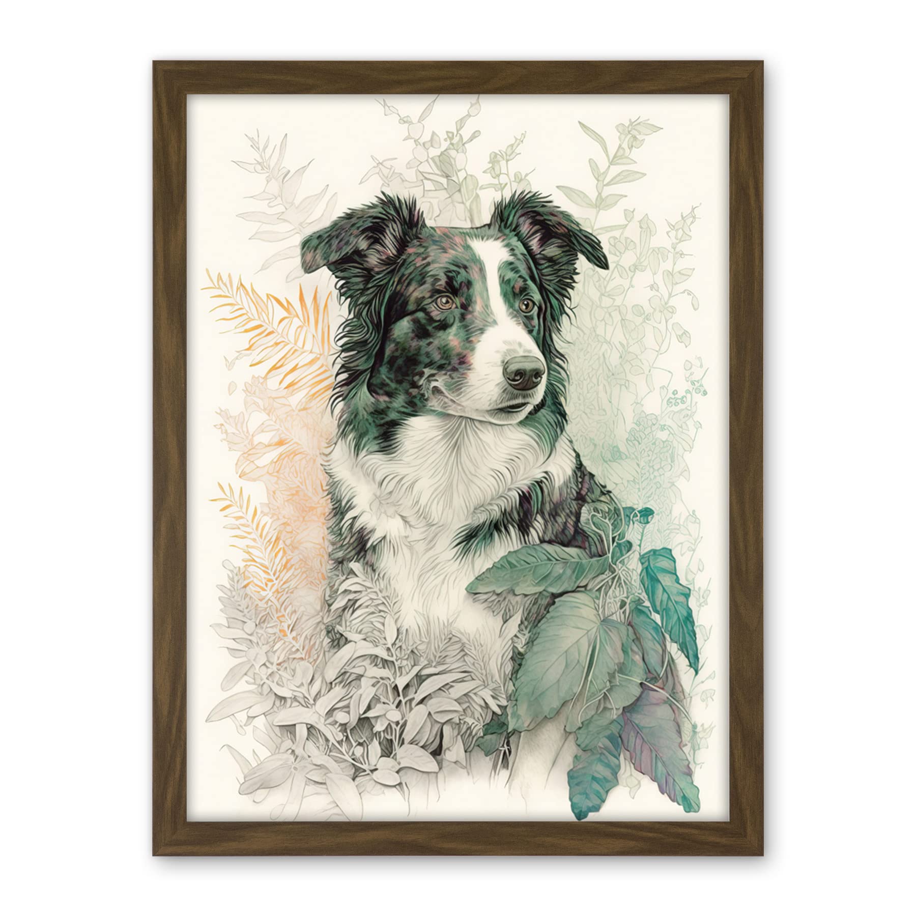 Artery8 Border Collie Dog in Field Modern Colour Pencil Portrait Illustration Artwork Framed Wall Art Print 18X24 Inch
