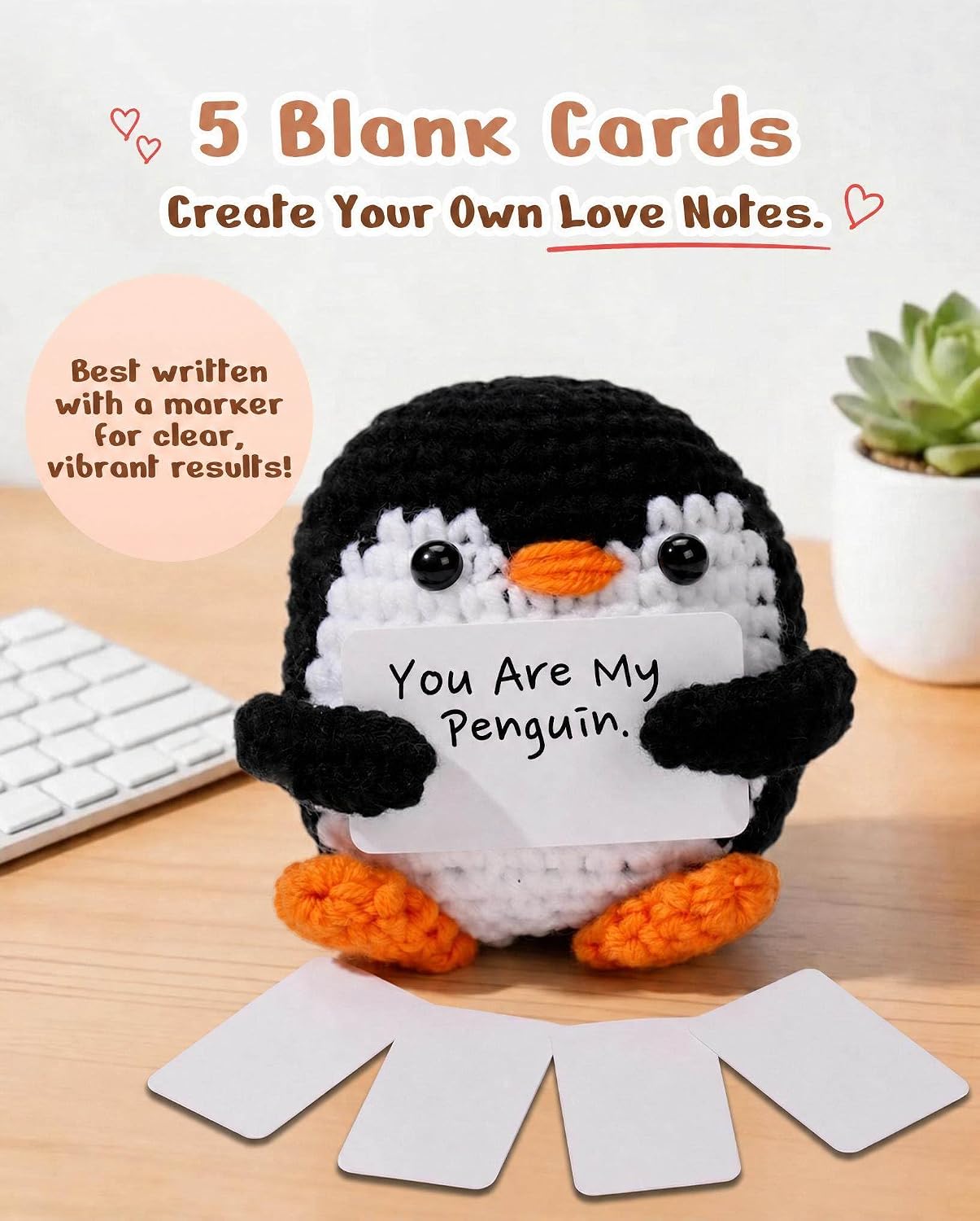 Crochet Penguin Gift with Swapable Message Cards, Romantic Handmade Decor | Hand-crocheted design, 5 prewritten cards, 5 blank DIY cards, swapable messages, sweet desk or car gift for couples