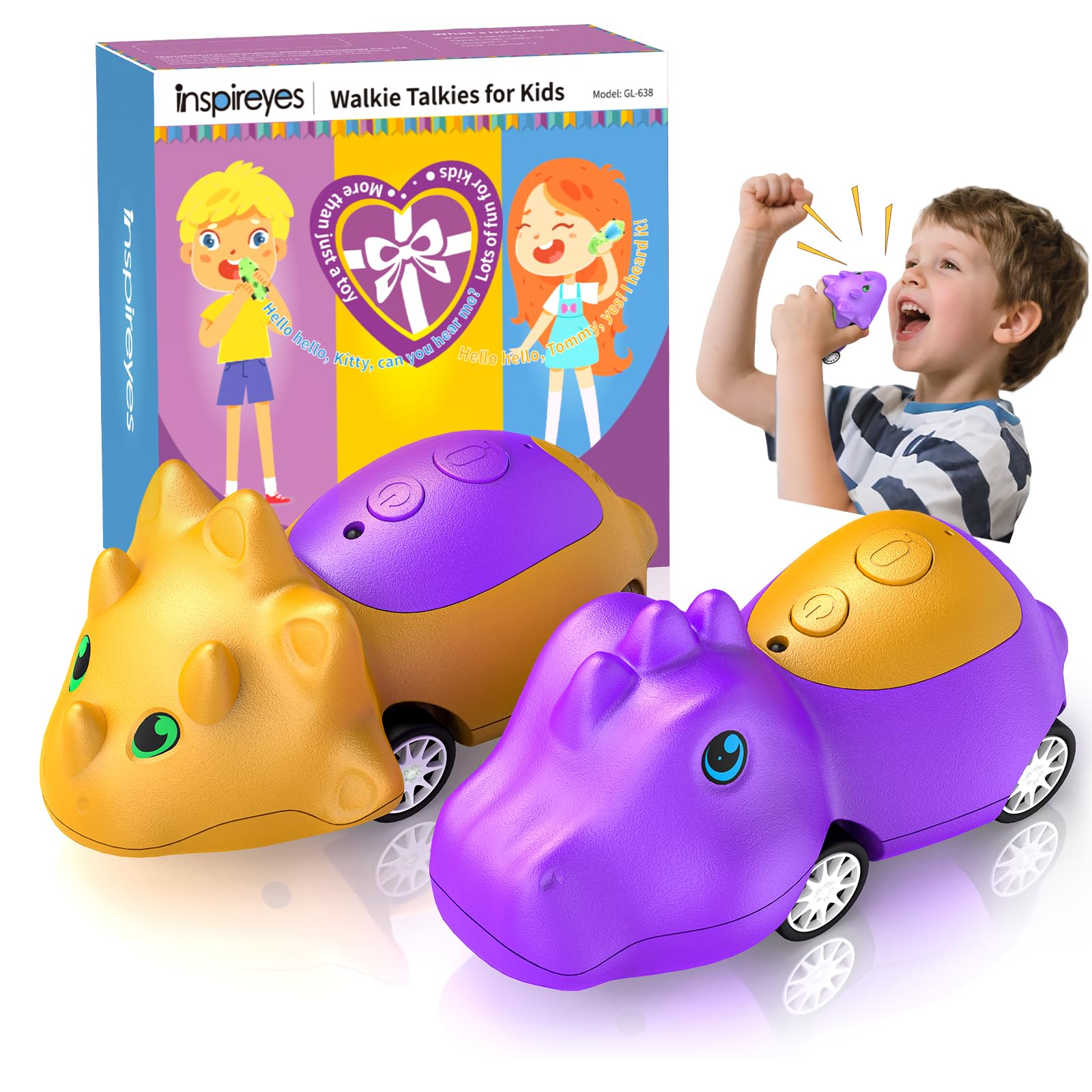 Inspireyes Walkie Talkie Kinder Aufladbar 2er Set,Ostergeschenke Kinder Dinosaurier Spielzeug Auto für Jungen und Mädchen ab 3–7 Jahren, 48 Std Spielzeit, Geschenk zum Geburtstag Weihnachten Camping