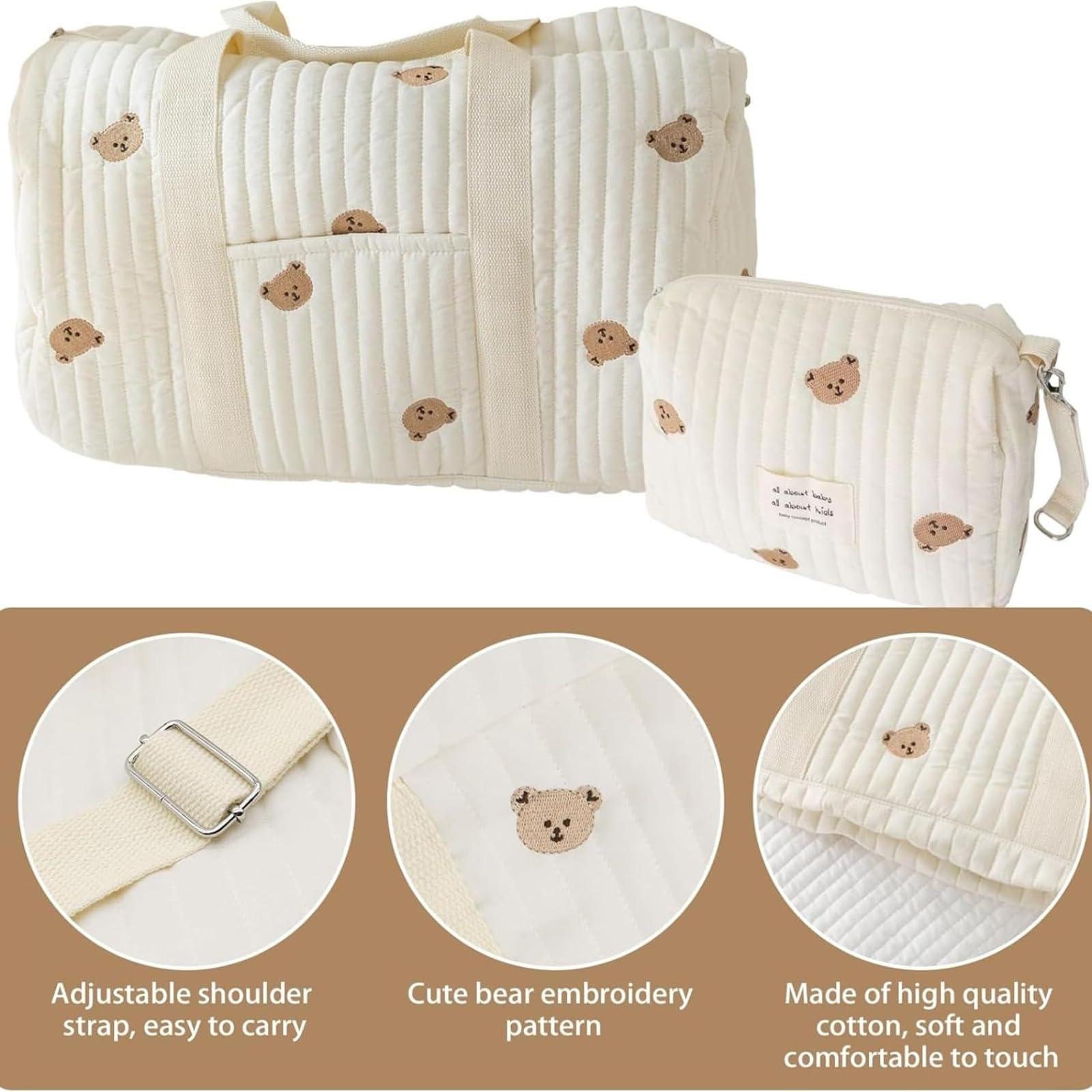 ZVD Bustine Corredino Neonato Ospedale Borsa Passeggino Set 2 Pezzi, Mommy Bag Spalla Cotone Ricamo