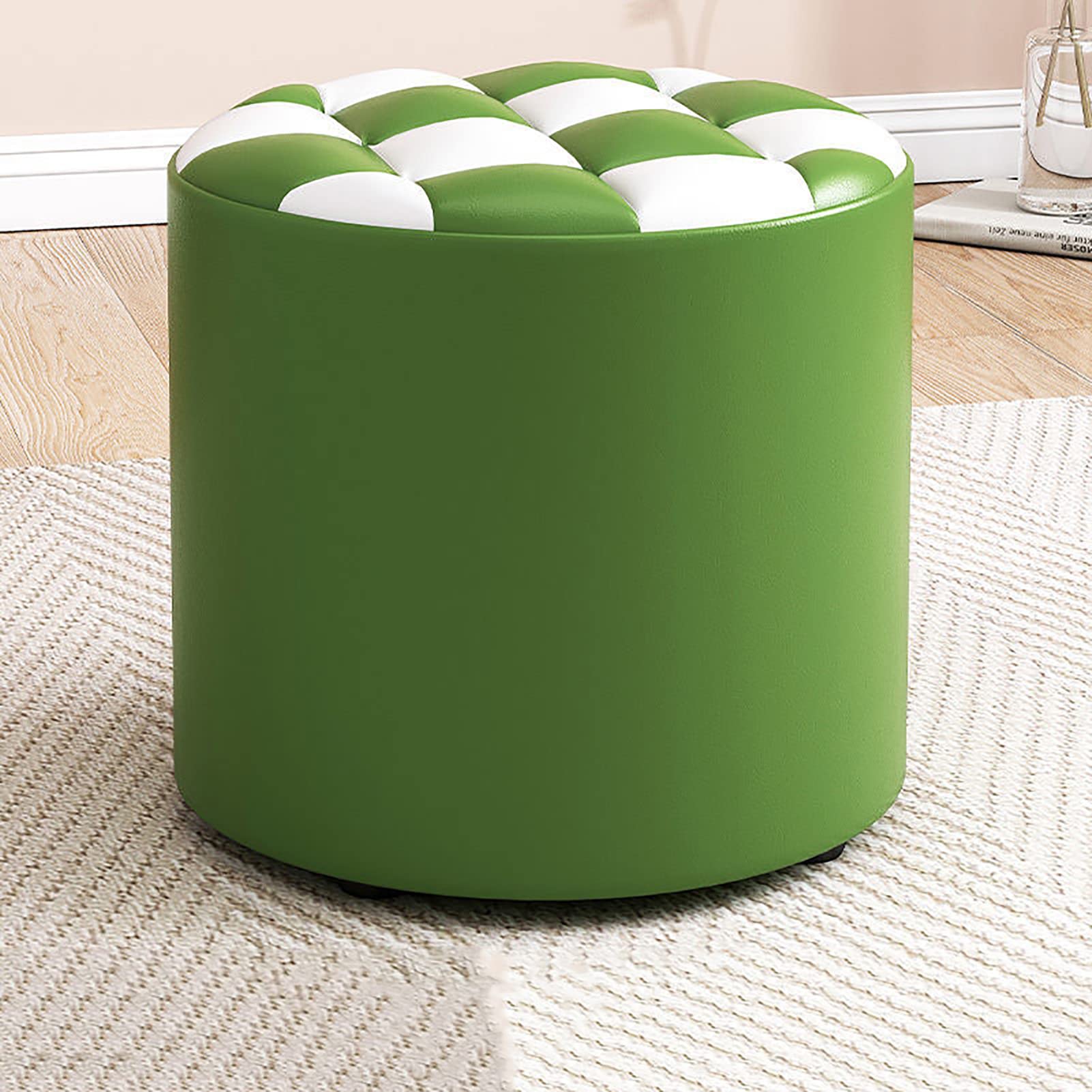 Tabouret de vanité vert 31x31x28 cm avec repose-pieds rond ottoman rembourré touffeté pour salon