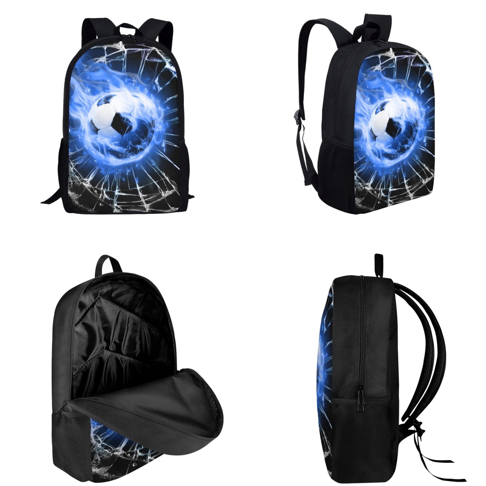 Zaino 3 in 1 per ragazzi con motivo calcio 3D Fire Soccer con borsa termica per il pranzo e custodia portapenne, set grande e leggero, zaino casual per bambini