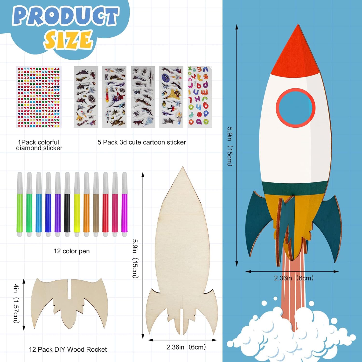12 Stück DIY Holzraketen, Mini-Rakete zum Malen und Dekorieren von Holzraketen, Bastelsets mit Dekorationswerkzeugen für Kinder, Schule, Handwerk, Zuhause, Party, Deko-Projekte