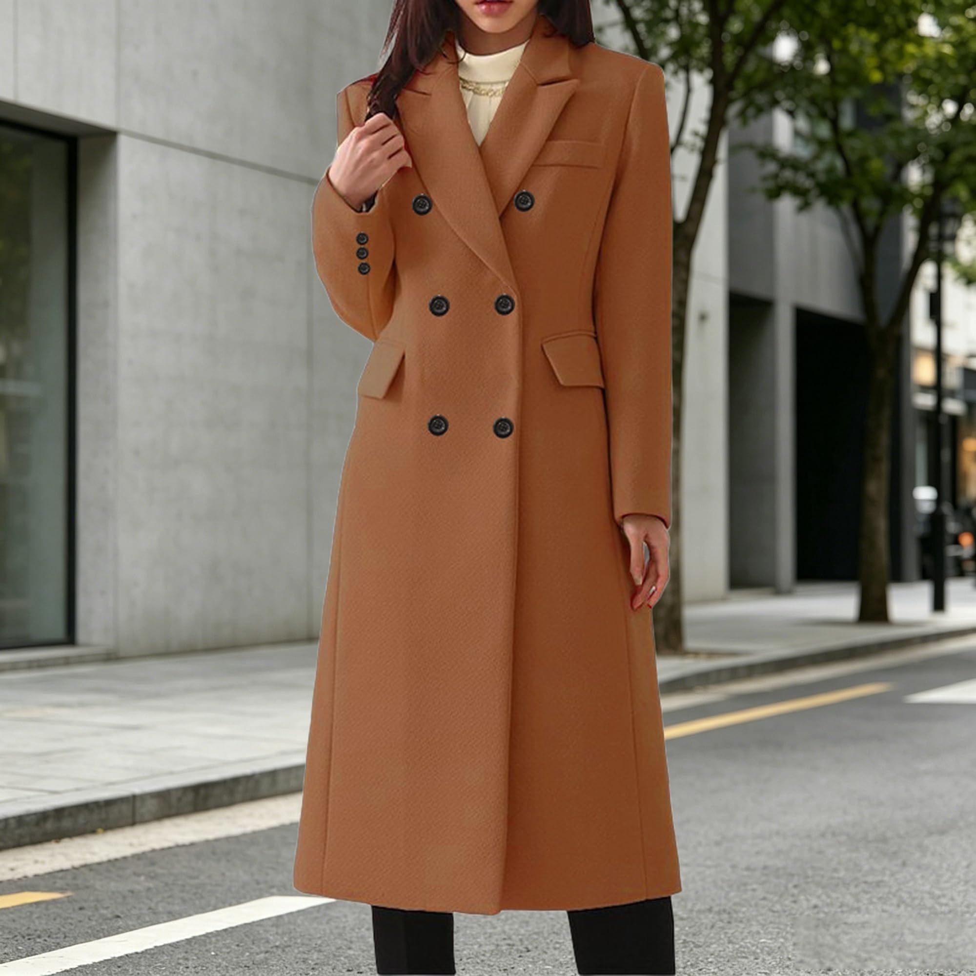 Cappotto lungo da donna classico a doppiopetto con revers a tacca, giacca invernale elegante e calda.