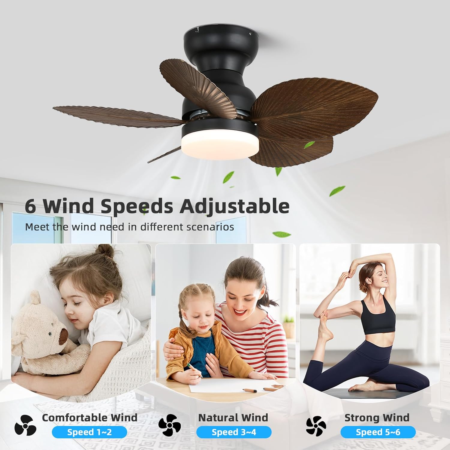 30 Inch Palm Leaf Ceiling Fans with Lights and Remote,DC Reversible Motor,6 Speeds,Dimmable，5 Leaf Blades,Small Tropical Gazebo Flush Mount Ceiling Fan for Bedroom,Kitchen