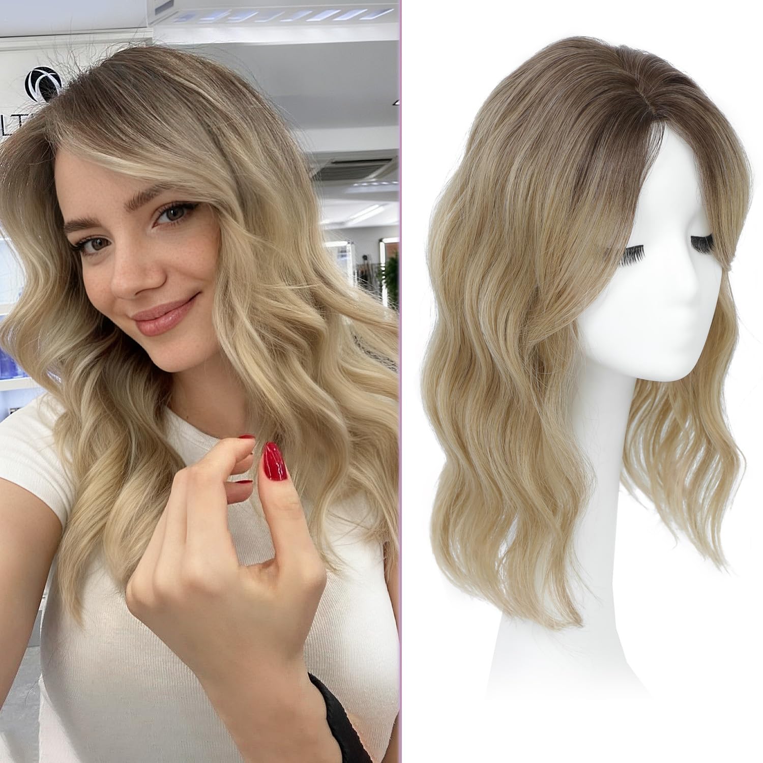 16 Inch Invisible Wavy Hair Topper for Women, 6.5"x6.5" Base Clip in Hair Piece with Natural Blending, Thinning Hair Solution Easy to Wear & Remove for Daily & Party Use