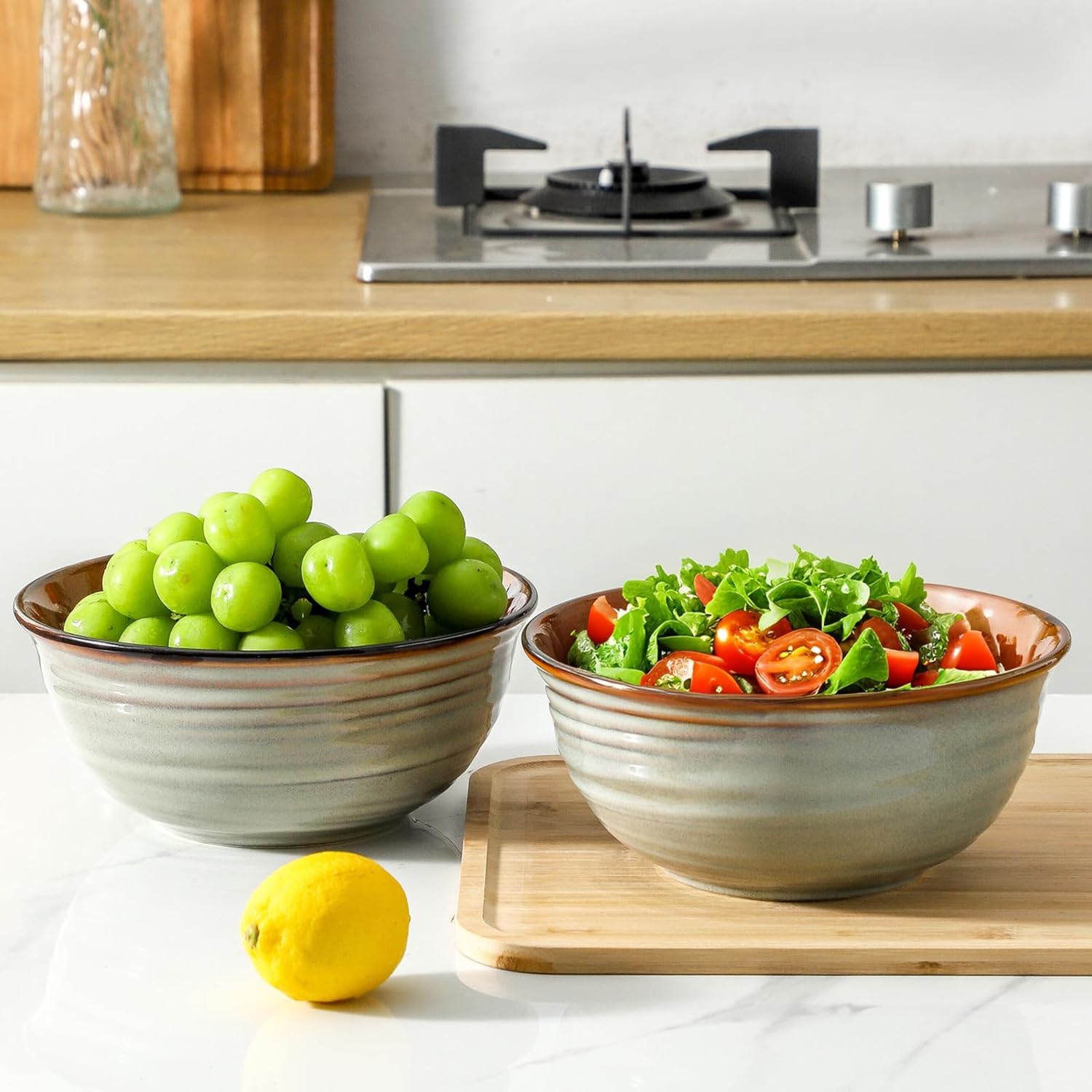 Serving Bowls, 60oz Deep Ceramic Mixing Bowls for Salad Pasta Soup Pho Popcorn, 8.4In Large Bowl Set of 2 for Baking Cooking Kitchen Party Dinner, Microwave and Dishwasher Safe, Brown