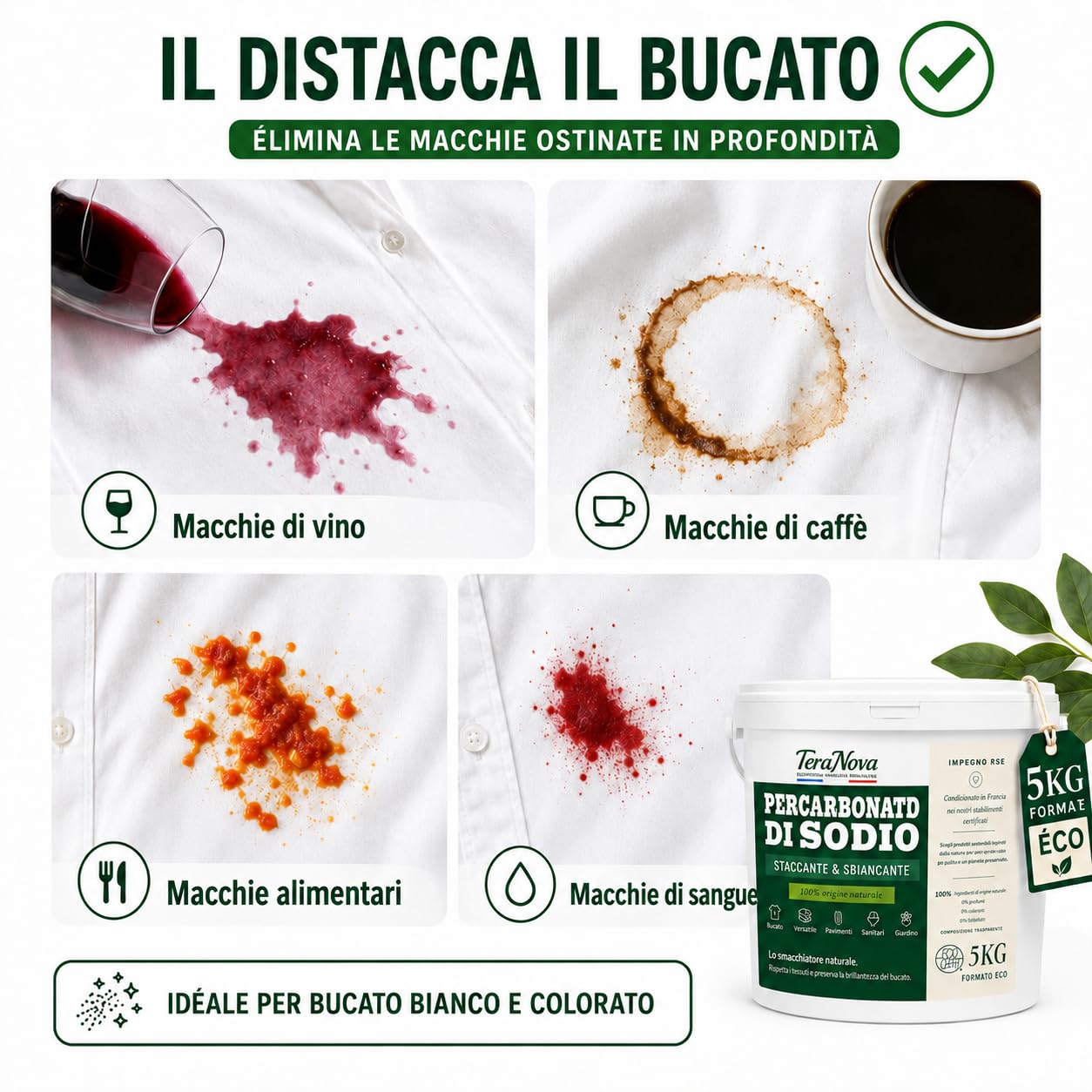 Percarbonato di Sodio 5 kg – Smacchiatore e Sbiancante Naturale ECOCERT – 100% Puro senza Additivi – Oltre 600 Lavaggi – Ossigeno Attivo – Dosatore Incluso