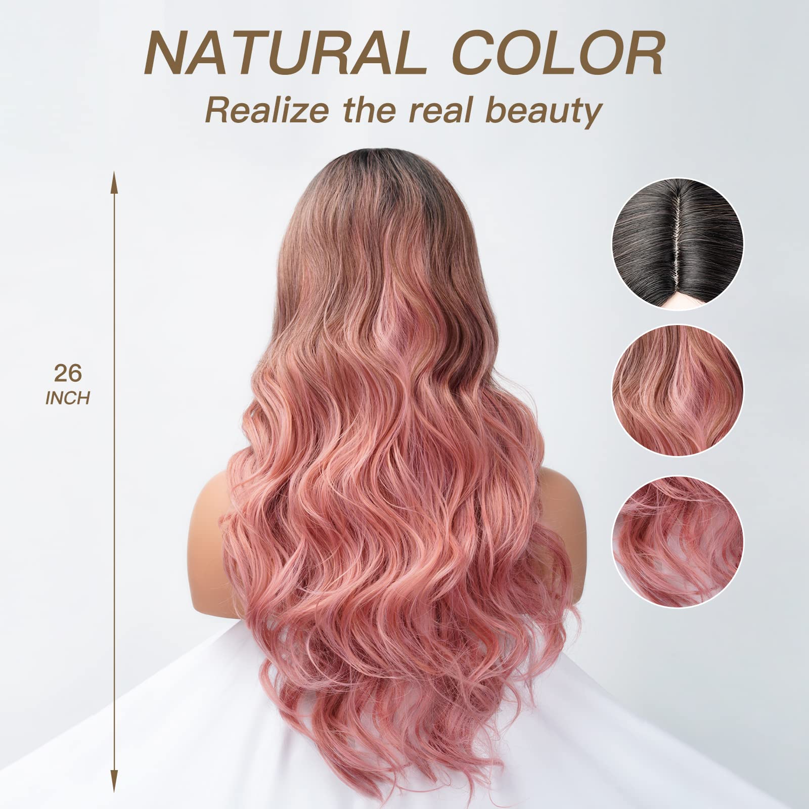 - 22 inch human hair blend pink with dark root curly wave wig Long Wavy Pink Wig 26 Inch - Natural Beach Wave Curly Hair  main image 4
