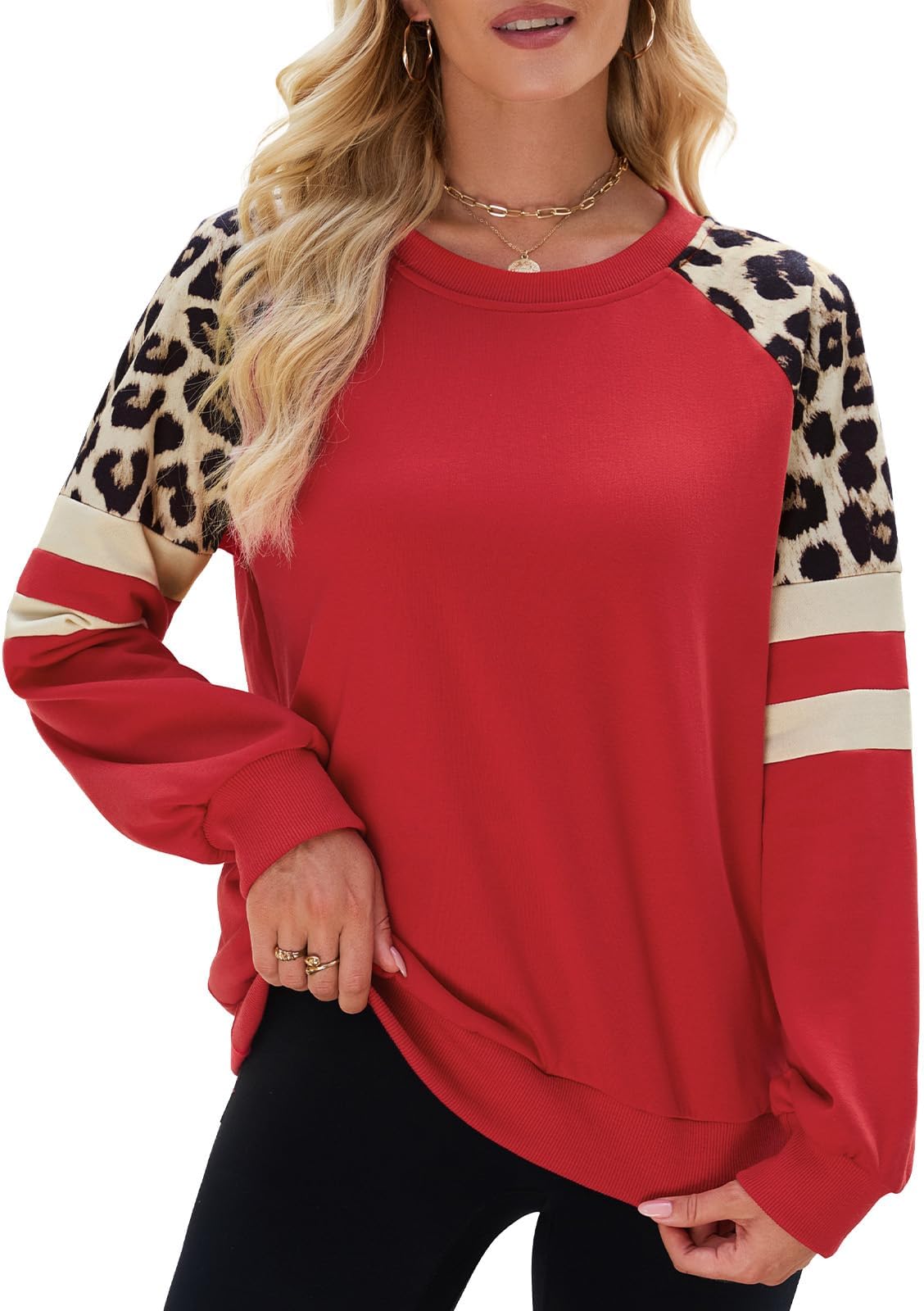 Sweatshirt Women Cotton Pullover Casual Crew Neck Tops Patchwork Contrast Leopard Shirt Blouse for Autumn Winter Spring