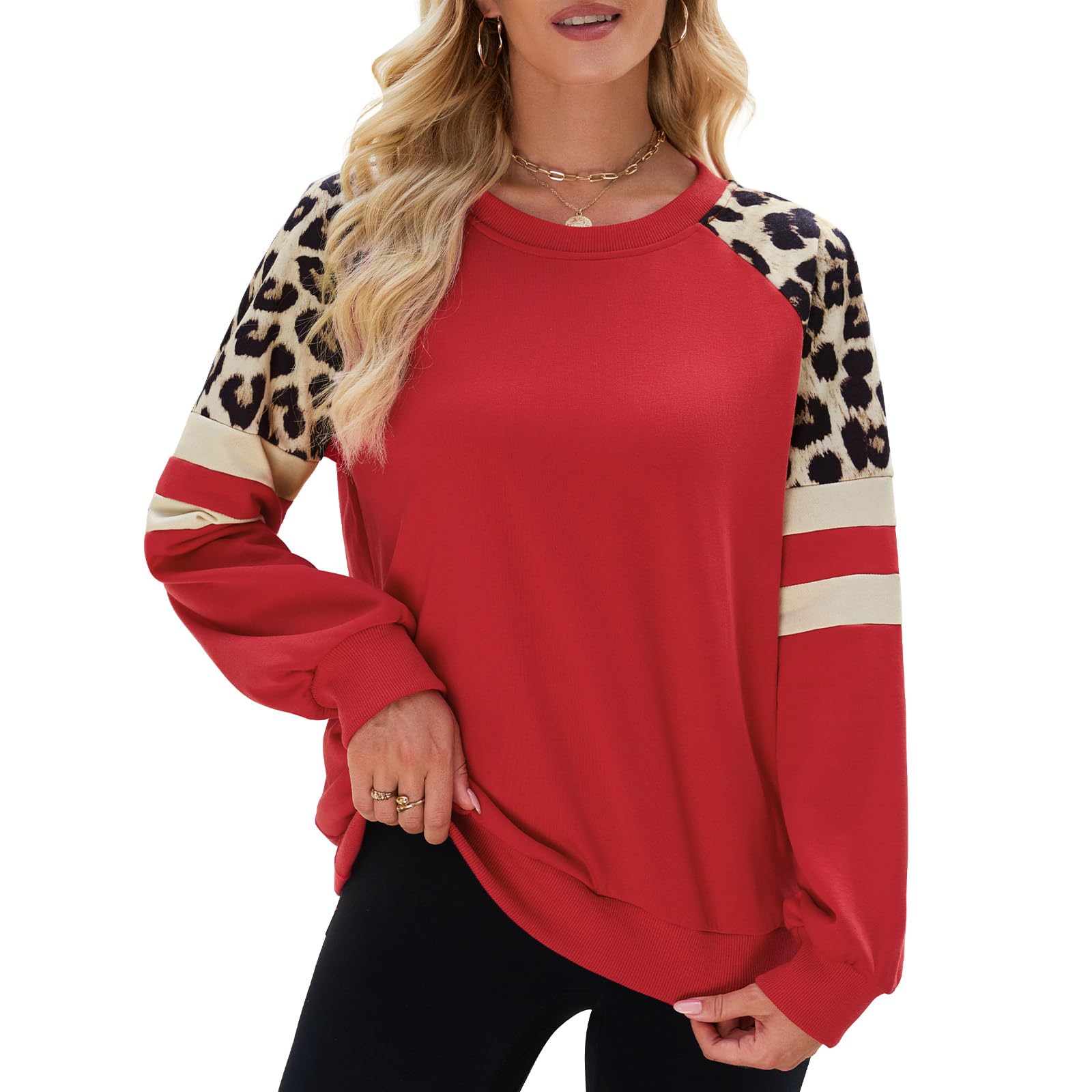 Quatrefox Sweatshirt Damen Baumwolle Leopard Shirt Langarm Tshirt Frauen Oberteile Lässige Baumwolle Rundhals Farbblock Leicht Tunika für Herbst Frühling Winter