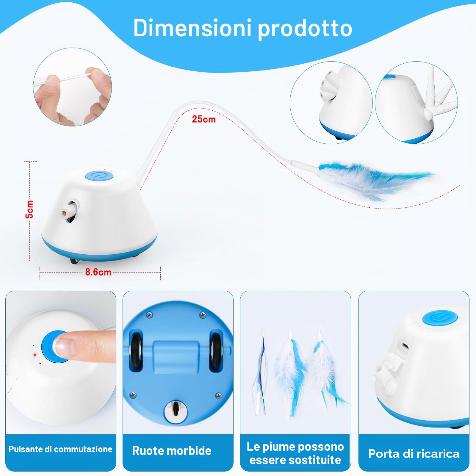 Giochi per Gatti Interattivi con Piume in Casa - Giocattolo Elettronico Automatico in Movimento a LED, 3 Modalità per Gatti Adulti (Blu)