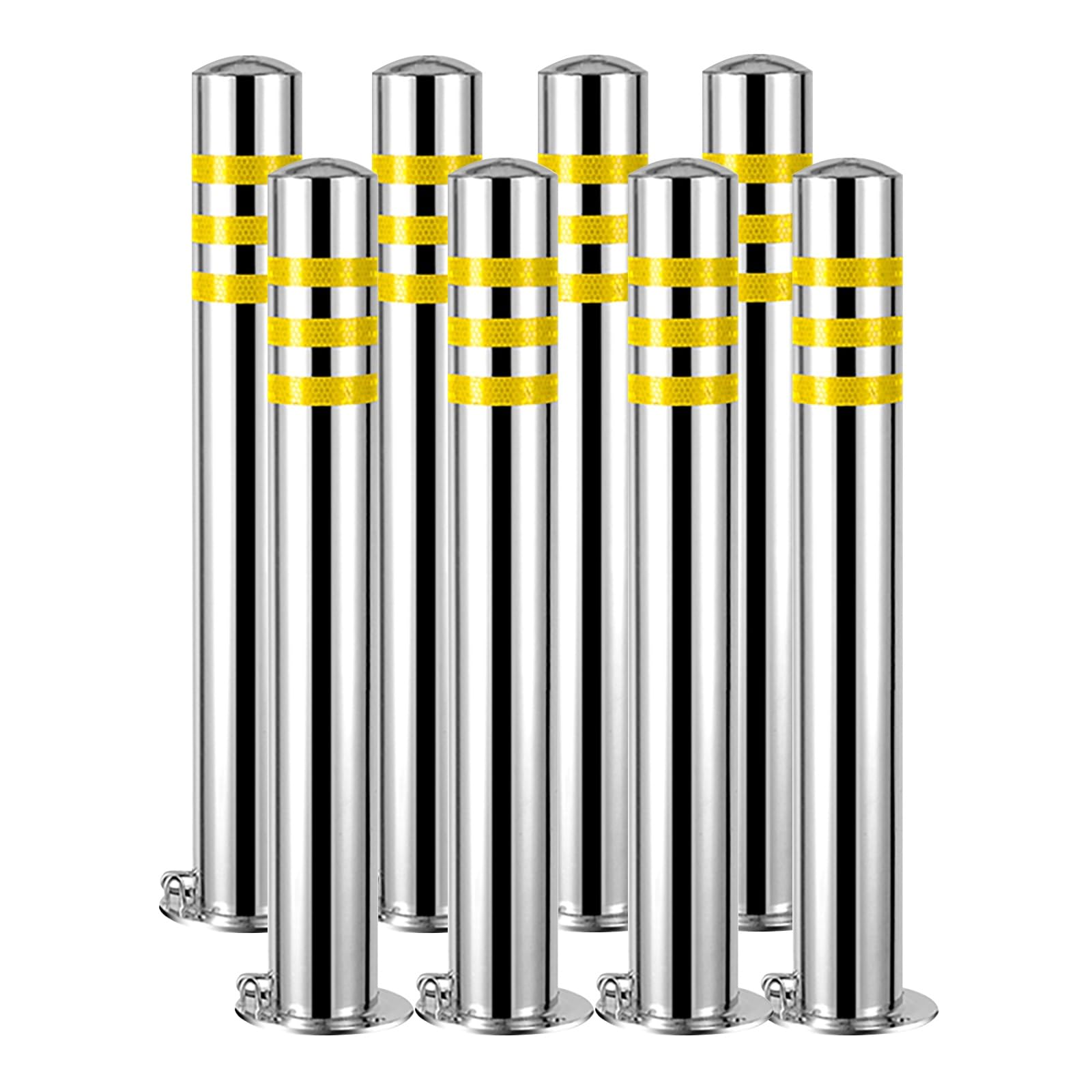 SGKOMN Removable Stainless Steel Safety Bollards with Reflective Strips - 8PCS Yellow Traffic Control Posts, 23.6in for Secure Road Construction Solutions, 8pcs-yellow-750mm/29.5in