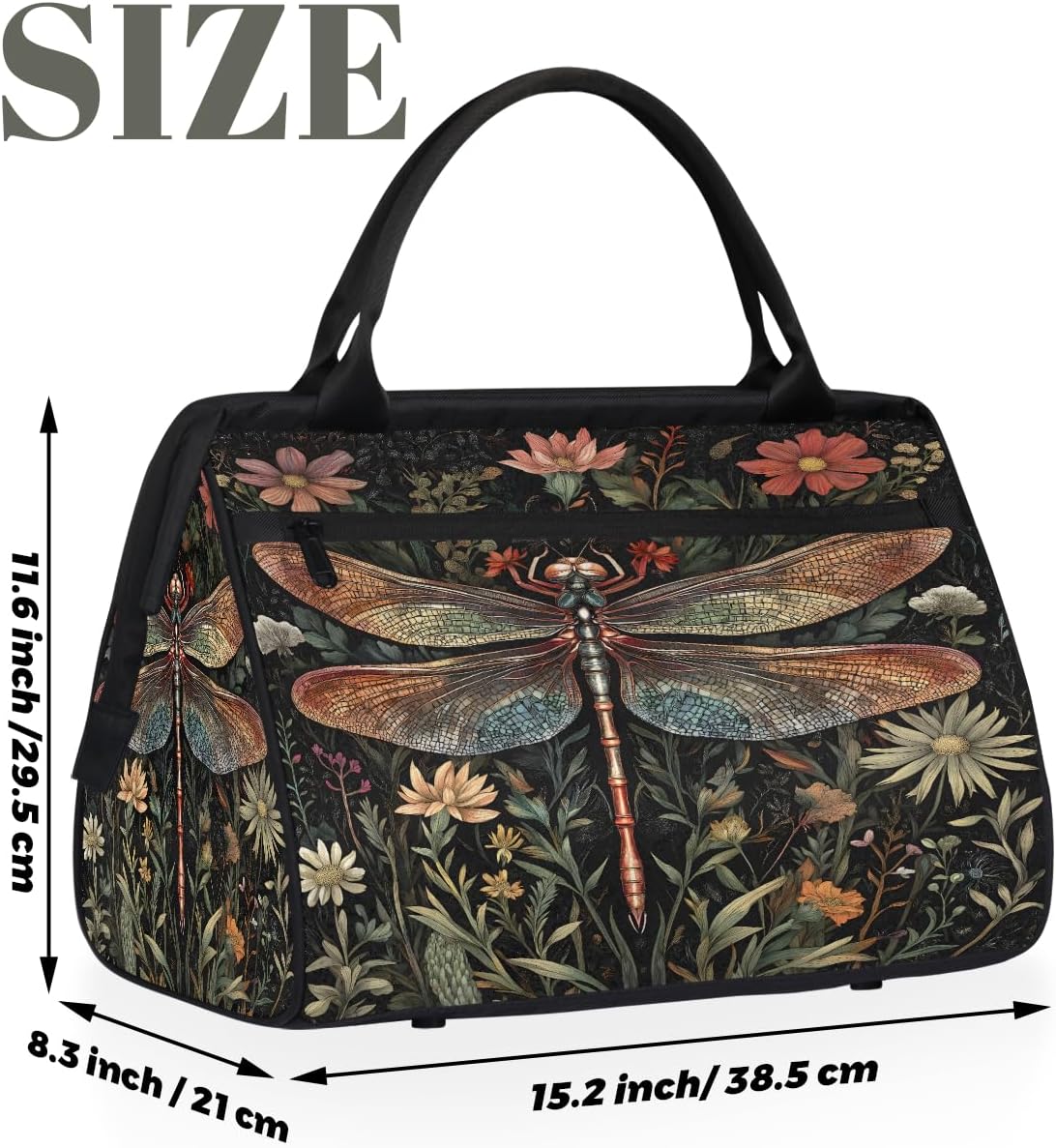 Travel Duffel Bag for Girls Women, Boho Dragonfly Wildflowers Ladies Weekend Overnight Bag Gym Sports Bags Flight Approved Lightweight Carry On Tote Bags for Traveling Yoga Camping Hospital,A-03