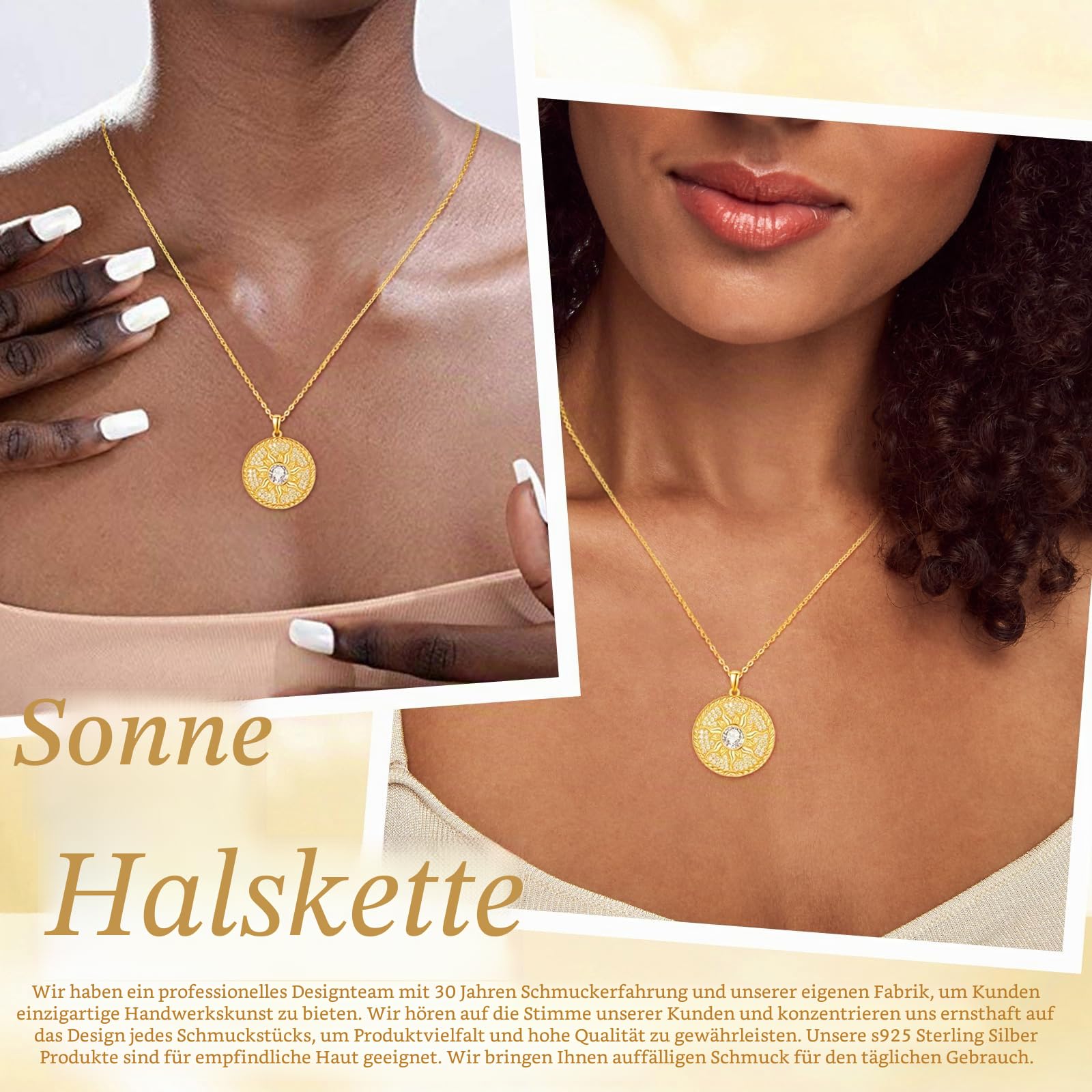 AENEAS 14 Karat vergoldete Sonnen-Halskette für Damen, 925er-Sterlingsilber, Geburtsstein, Sonne, Münze, Halskette, Sonnenschmuck, Geschenke für Frauen und Mädchen, Sterling Silber, Diamant