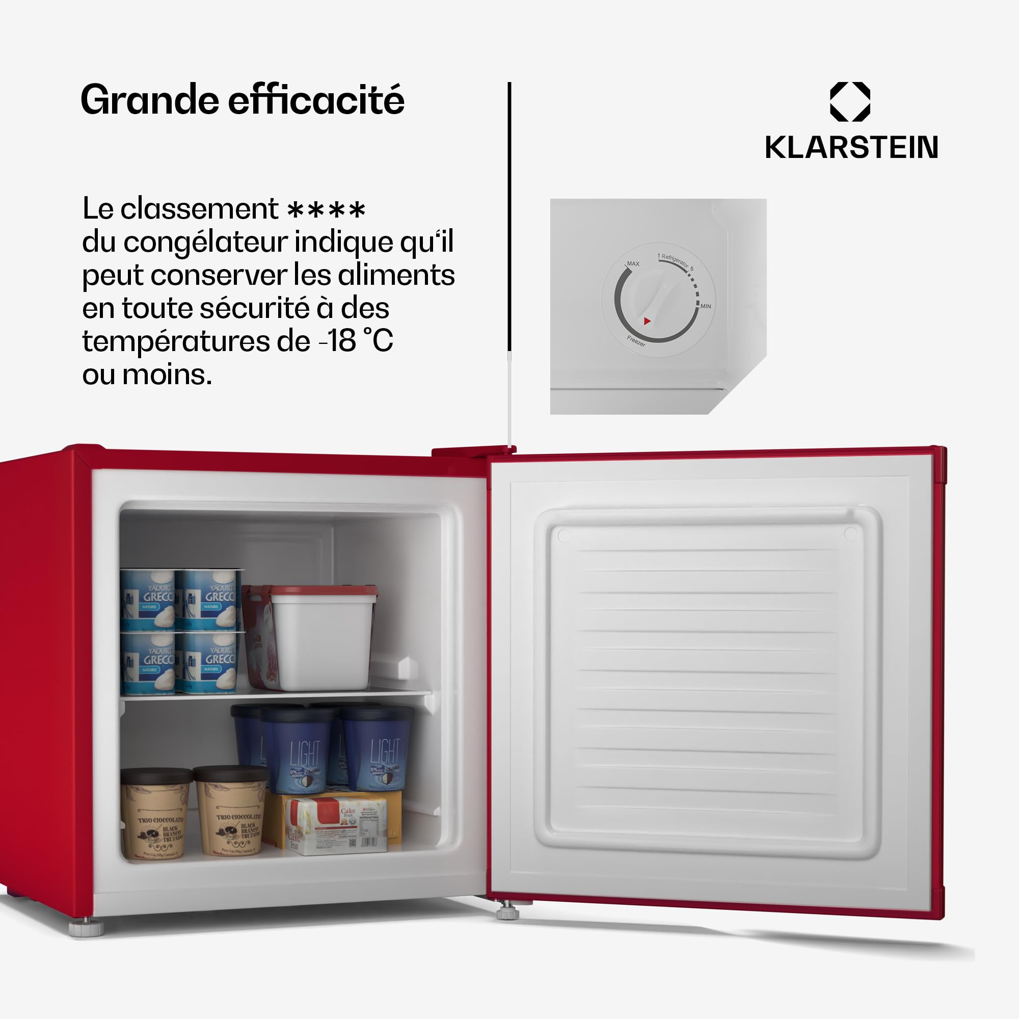 KLARSTEIN Irene Retro Mini congélateur, réfrigérateur congélateur 31 L,Température ajustable -24°C à 10°C, Économie d'énergie Classe C, Silencieux 38 dB, Design Compact Rouge, Petit Congélateur