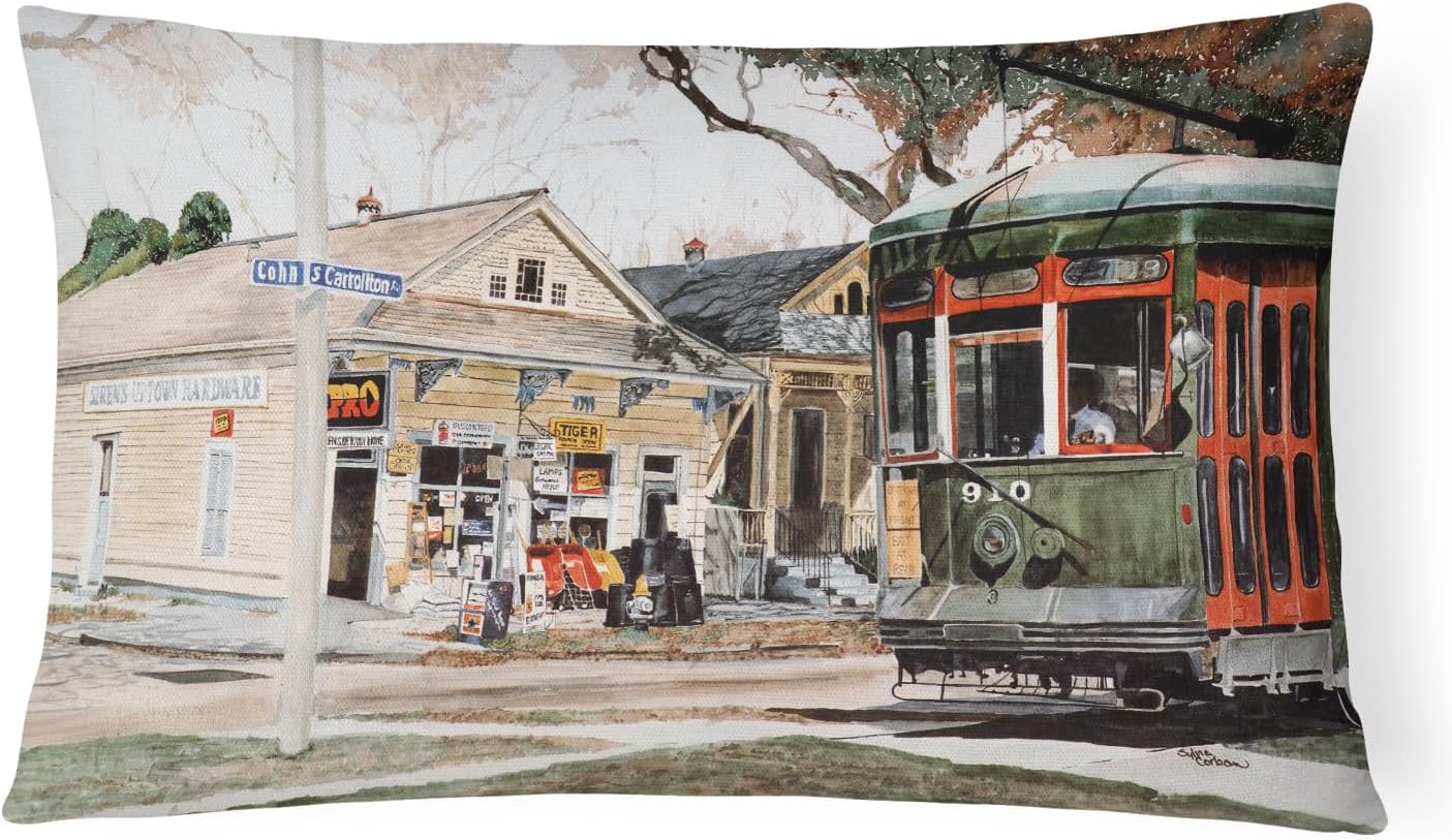 Caroline's Treasures 8108PW1216 New Orleans Street Car Canvas Fabric Decorative Pillow Machine Washable, Indoor Outdoor Decorative Pillow for Couch, Bed or Patio, 12HX16W
