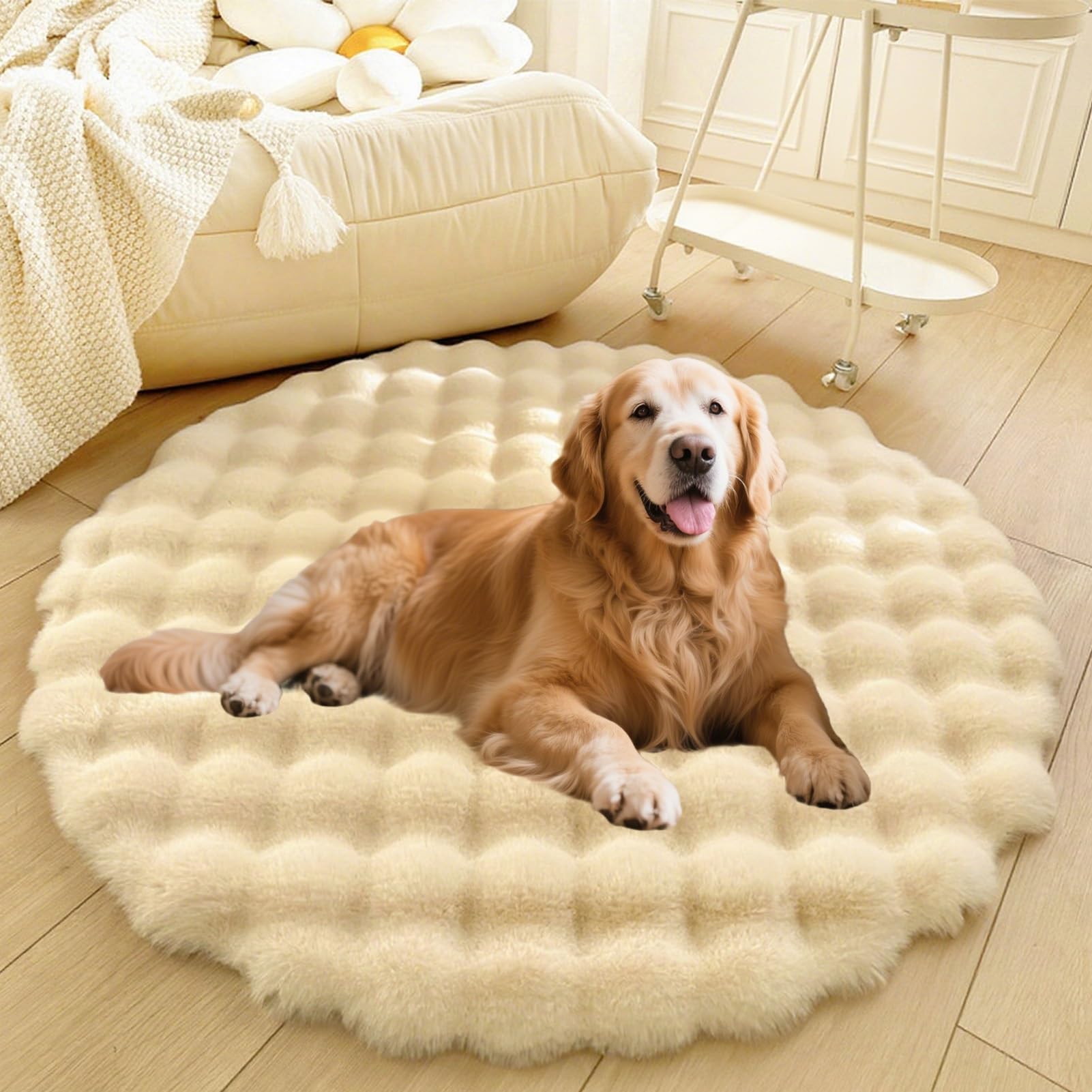 Divano per Cani E Gatti Con Fondo Antiscivolo, Tappeto Rotondo Lavabile, Moderno Letto A Pelo Lungo Da Posizionare Accanto Al Pavimento, Tappetino per Soggiorno(Beige,47in)