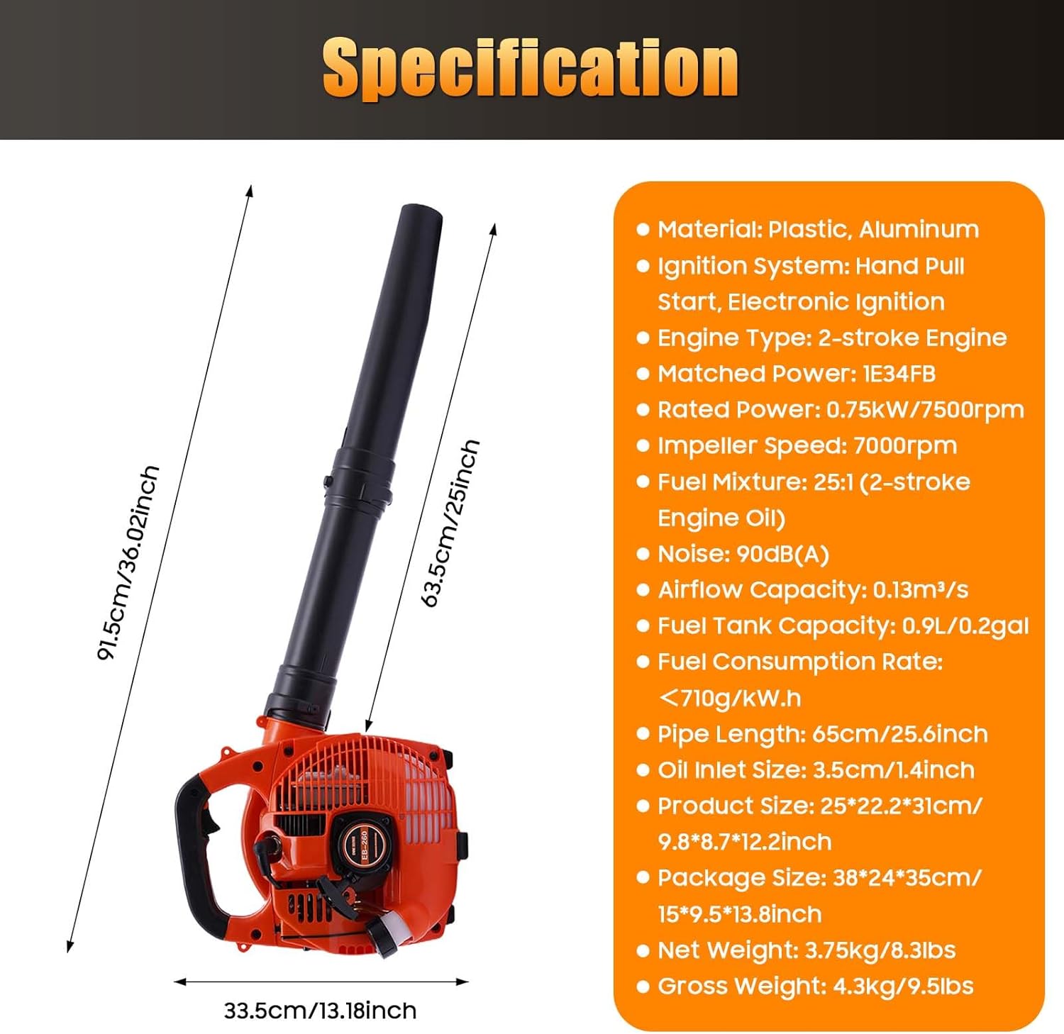 Gas Leaf Blower, 2 Stroke Handheld Leaf Blower Single Cylinder Gas Powered Leaves Blowers Recirculating Grass Sweeper w/0.2GAL Fuel Oil Mixing Bottle for Road Yar Snow (1E34FB)
